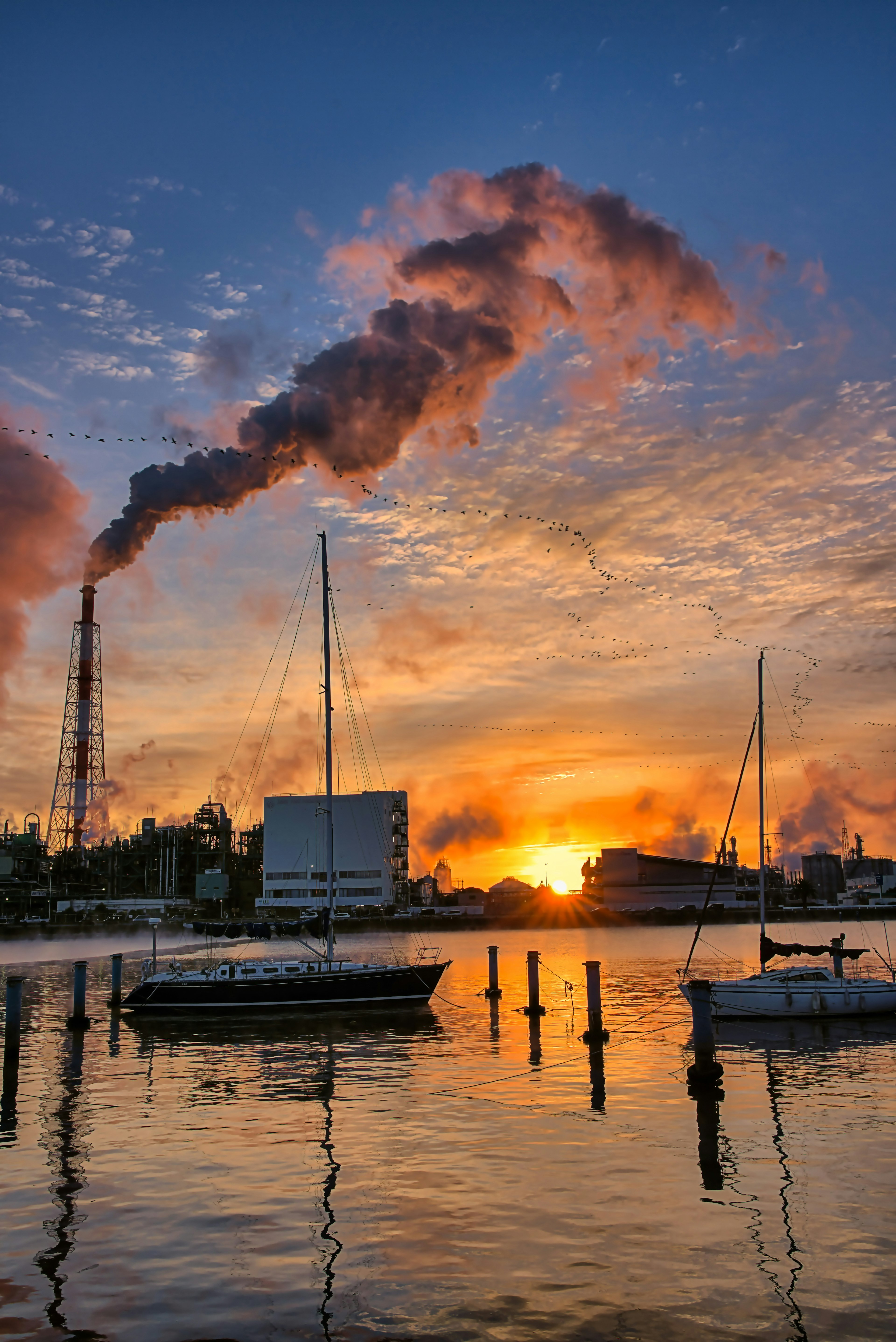 Sonnenuntergang, der sich im Wasser spiegelt, mit Fabrikschornsteinen und Segelbooten im Vordergrund