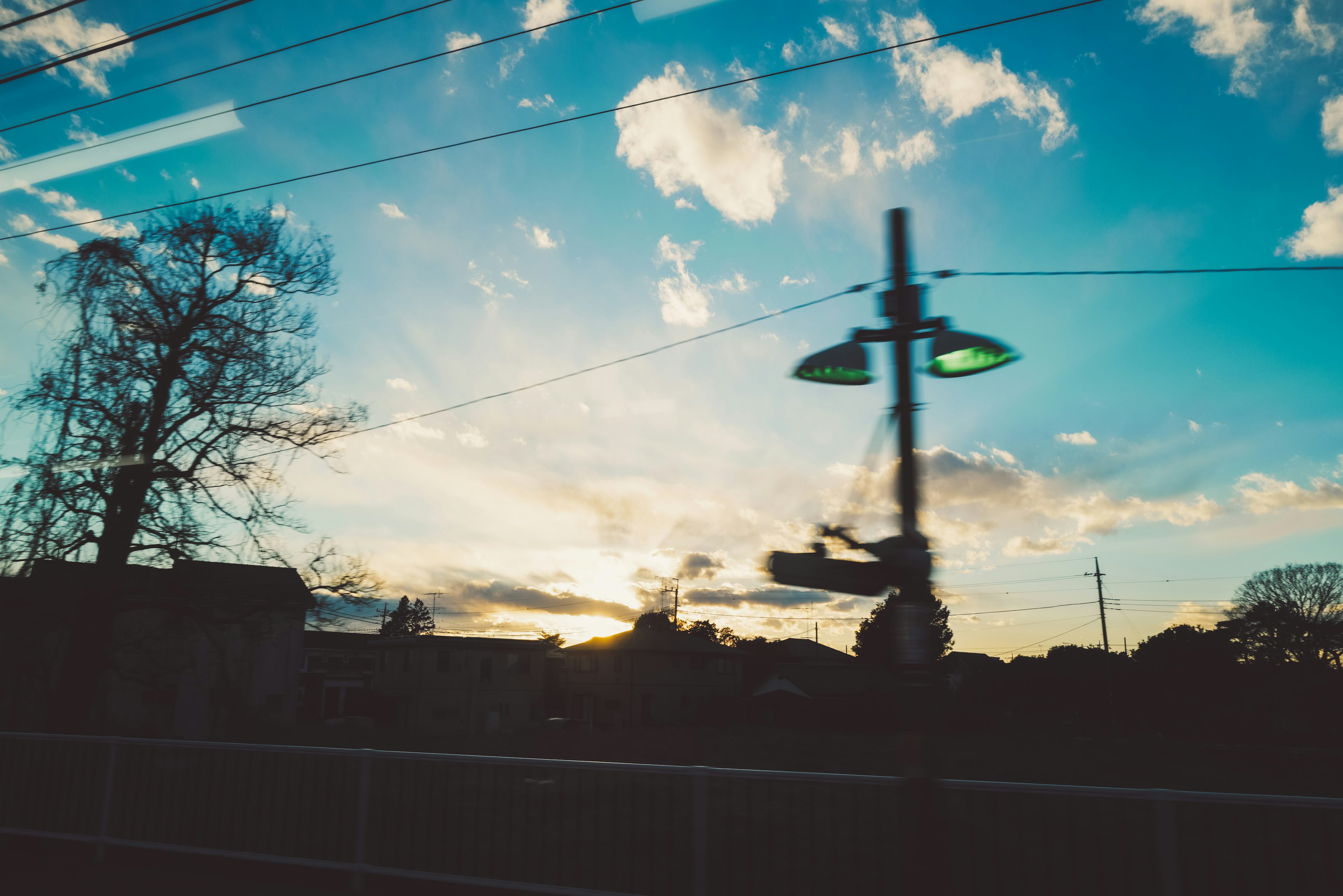 Vista panoramica di un tramonto con cielo blu e nuvole silhouette da alberi e un lampione