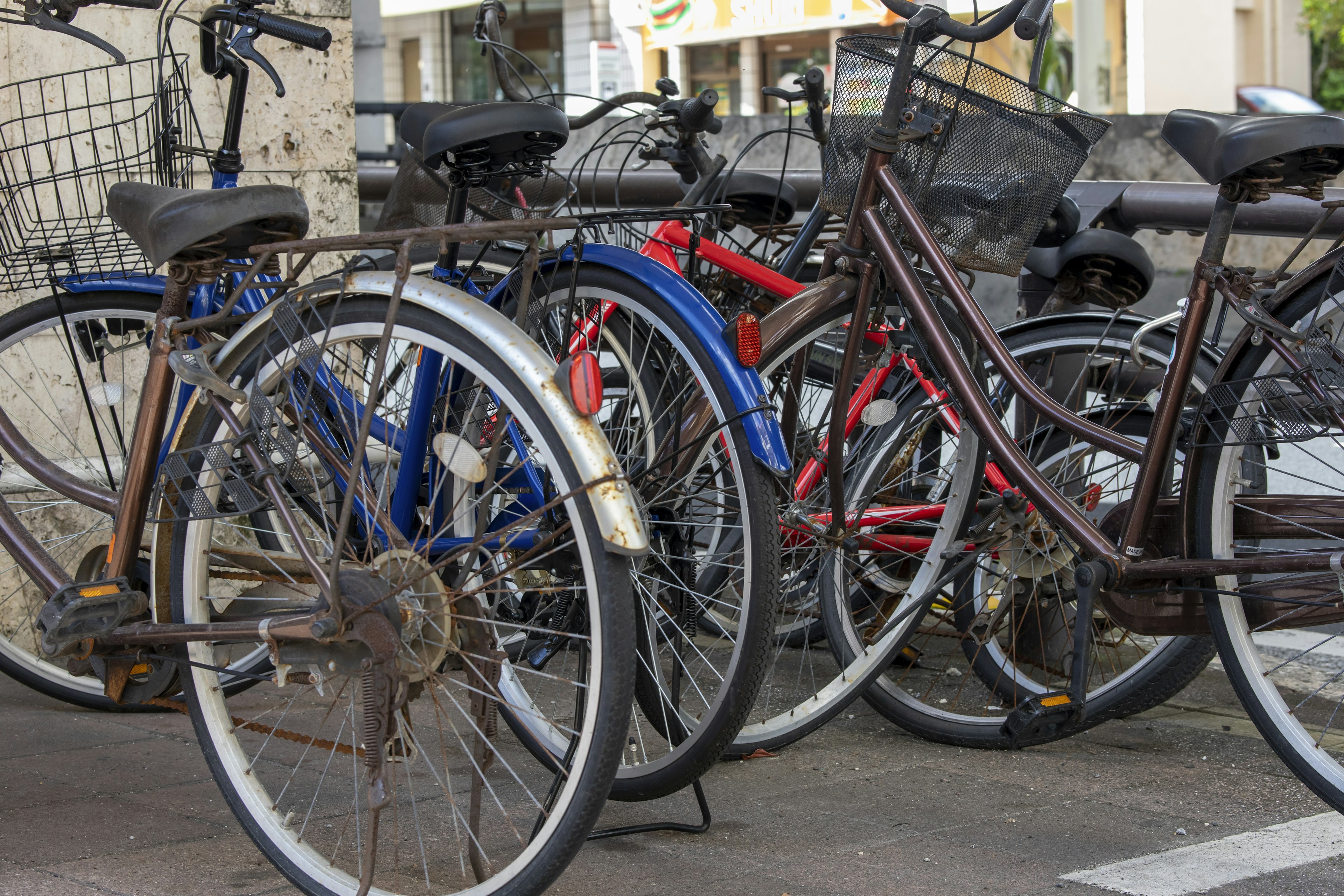 Una escena de bicicletas de diferentes colores estacionadas con una mezcla de bicicletas oxidadas y nuevas