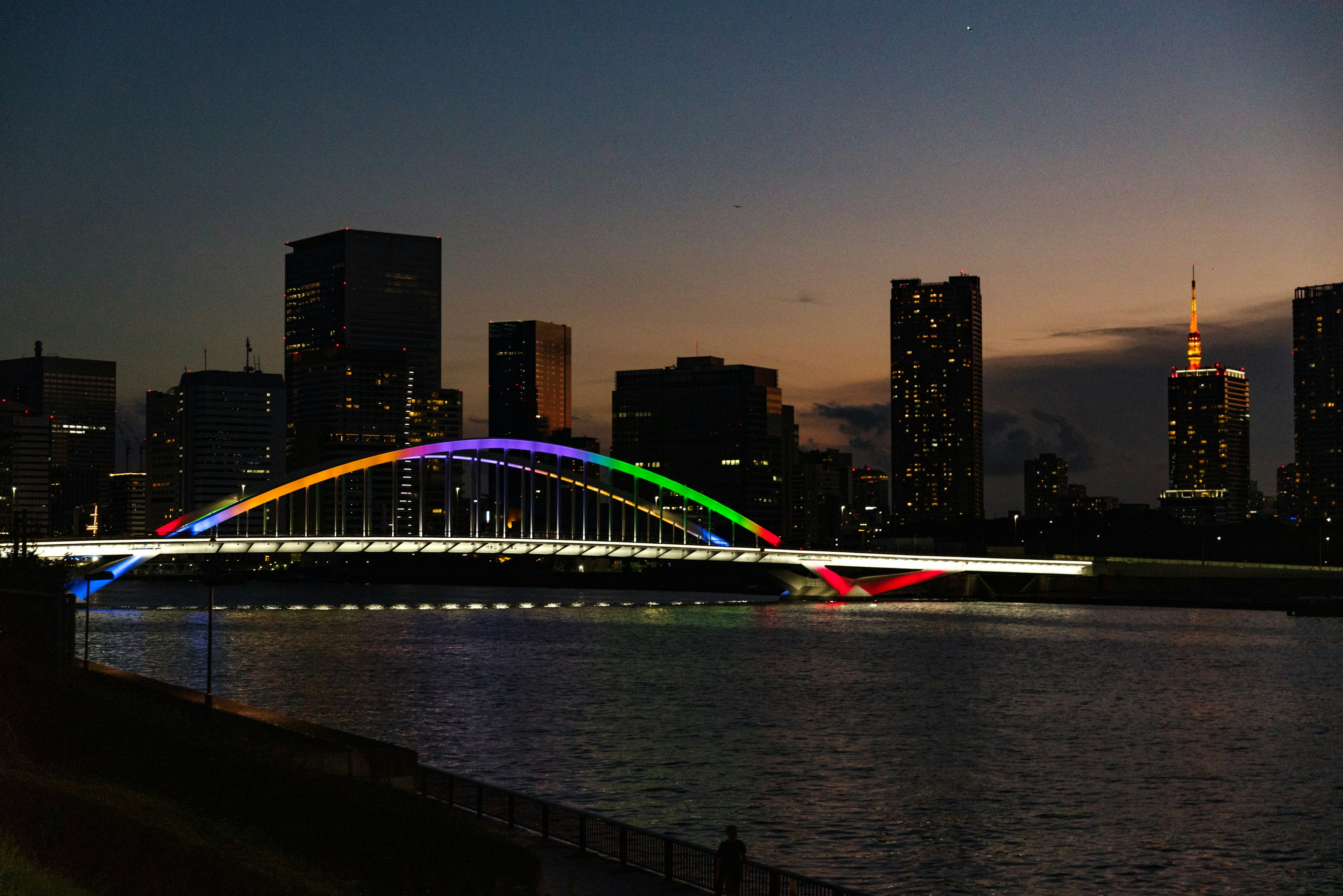 Puente colorido iluminado por la noche con el horizonte de Tokio