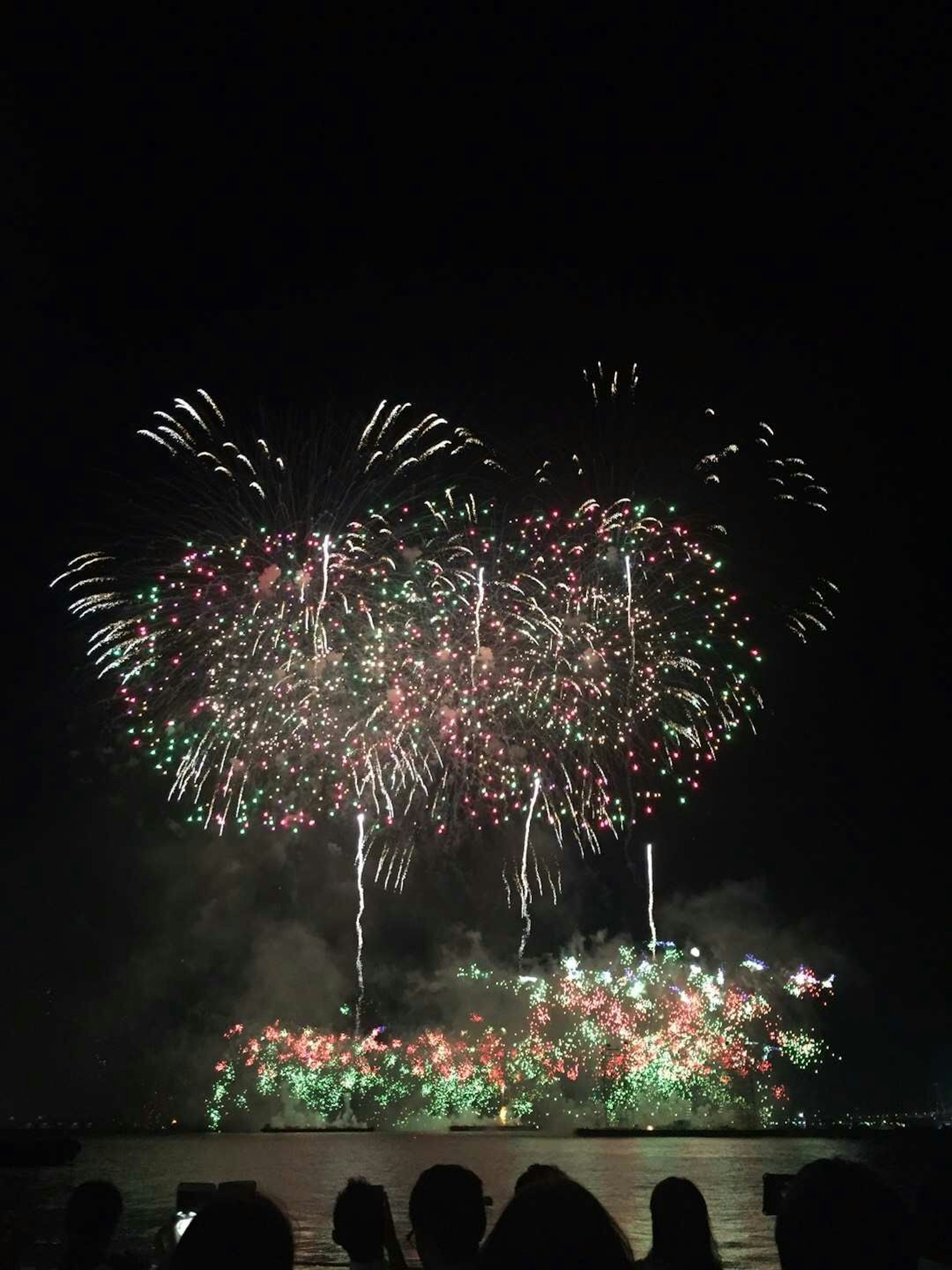 Colorful fireworks display in the night sky with silhouettes of spectators