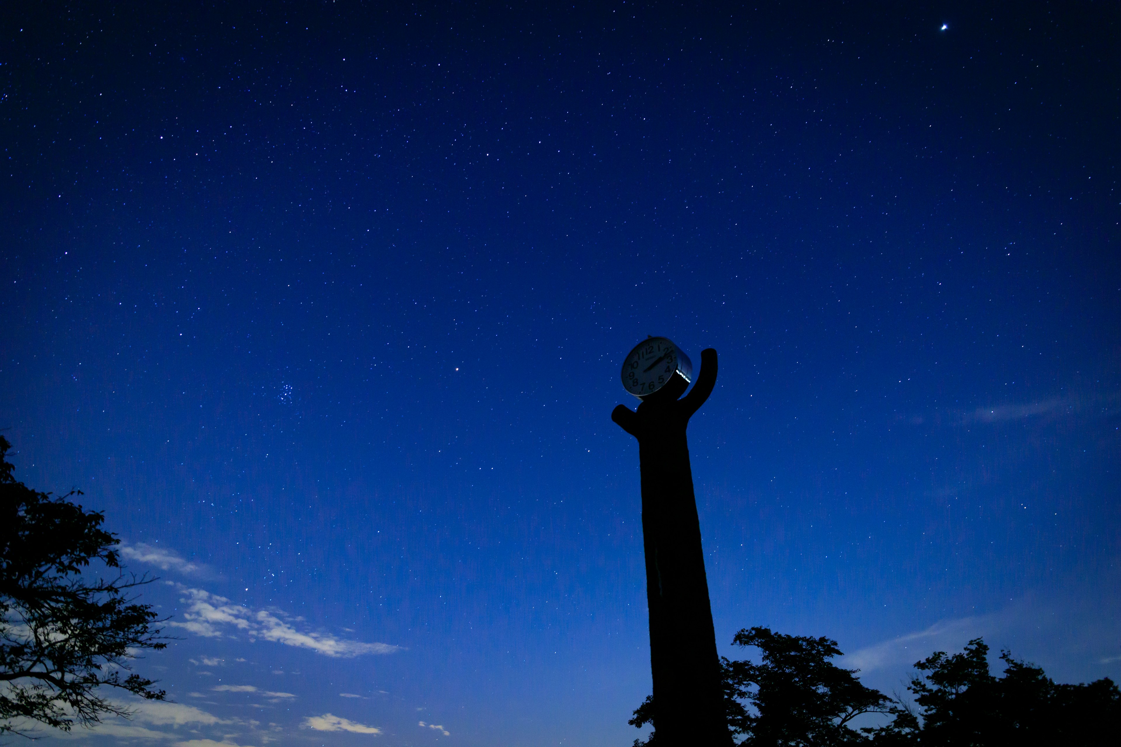 星空の下に立つ木の彫刻と星々