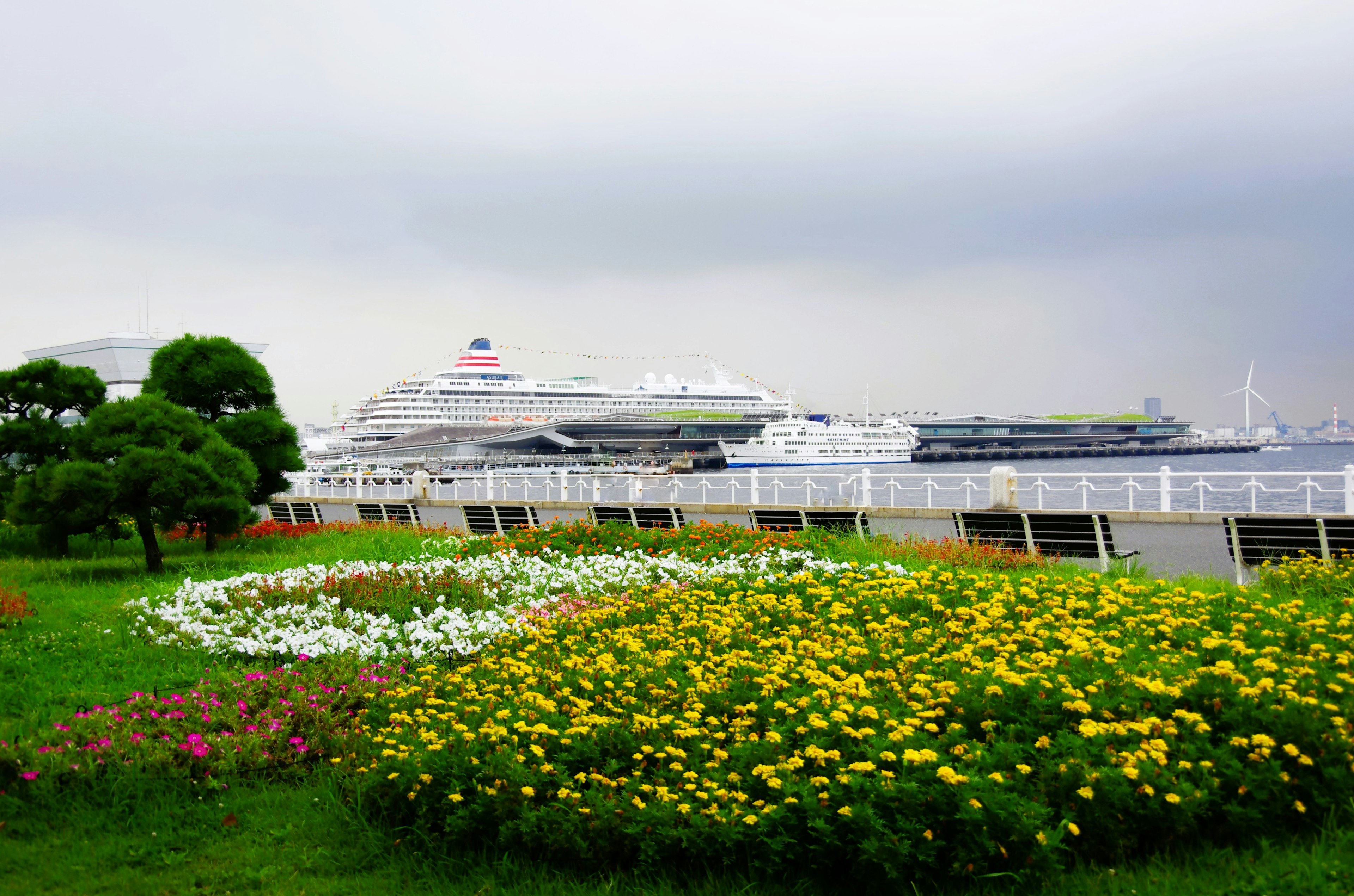 花が咲く緑の公園と大型クルーズ船が見える風景