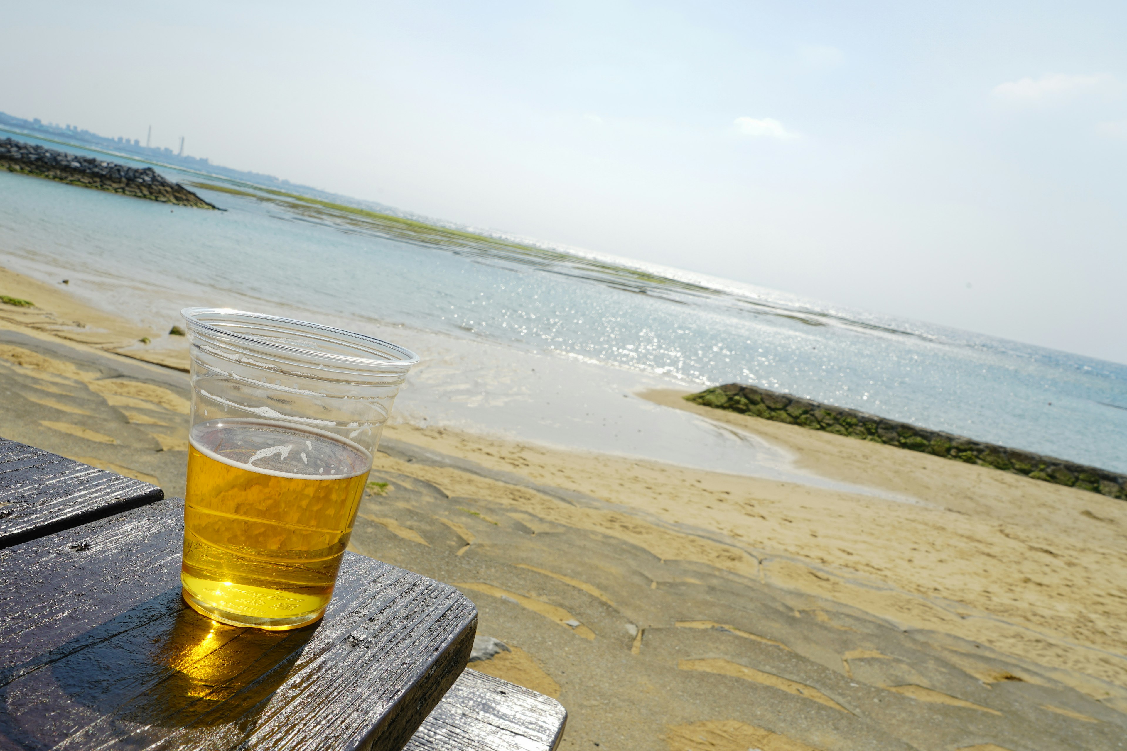 Vaso de cerveza en la playa con vista serena del océano