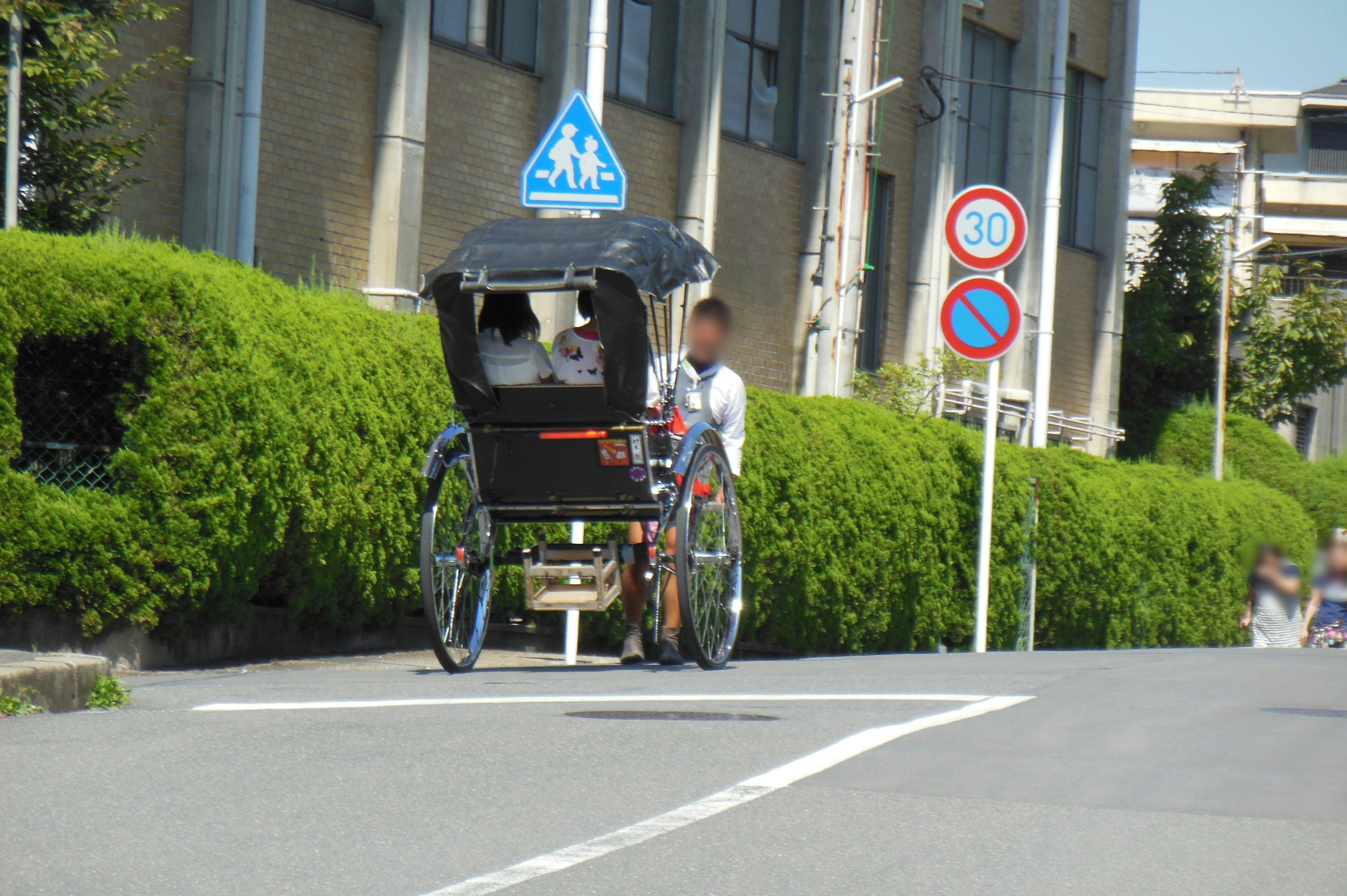 A rickshaw passing by a green hedge on the roadside