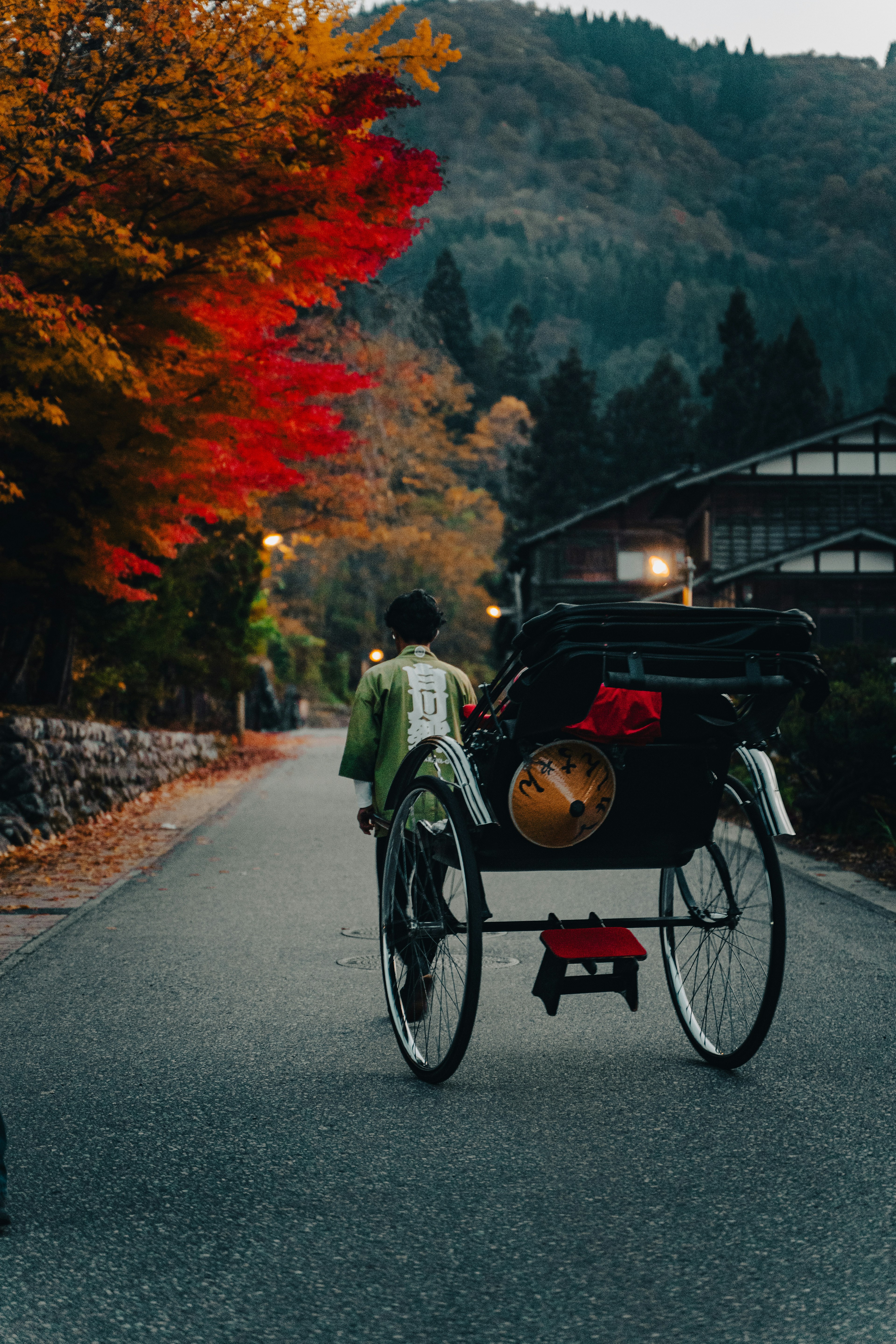 Rickshaw and its driver on a tree-lined road with autumn leaves