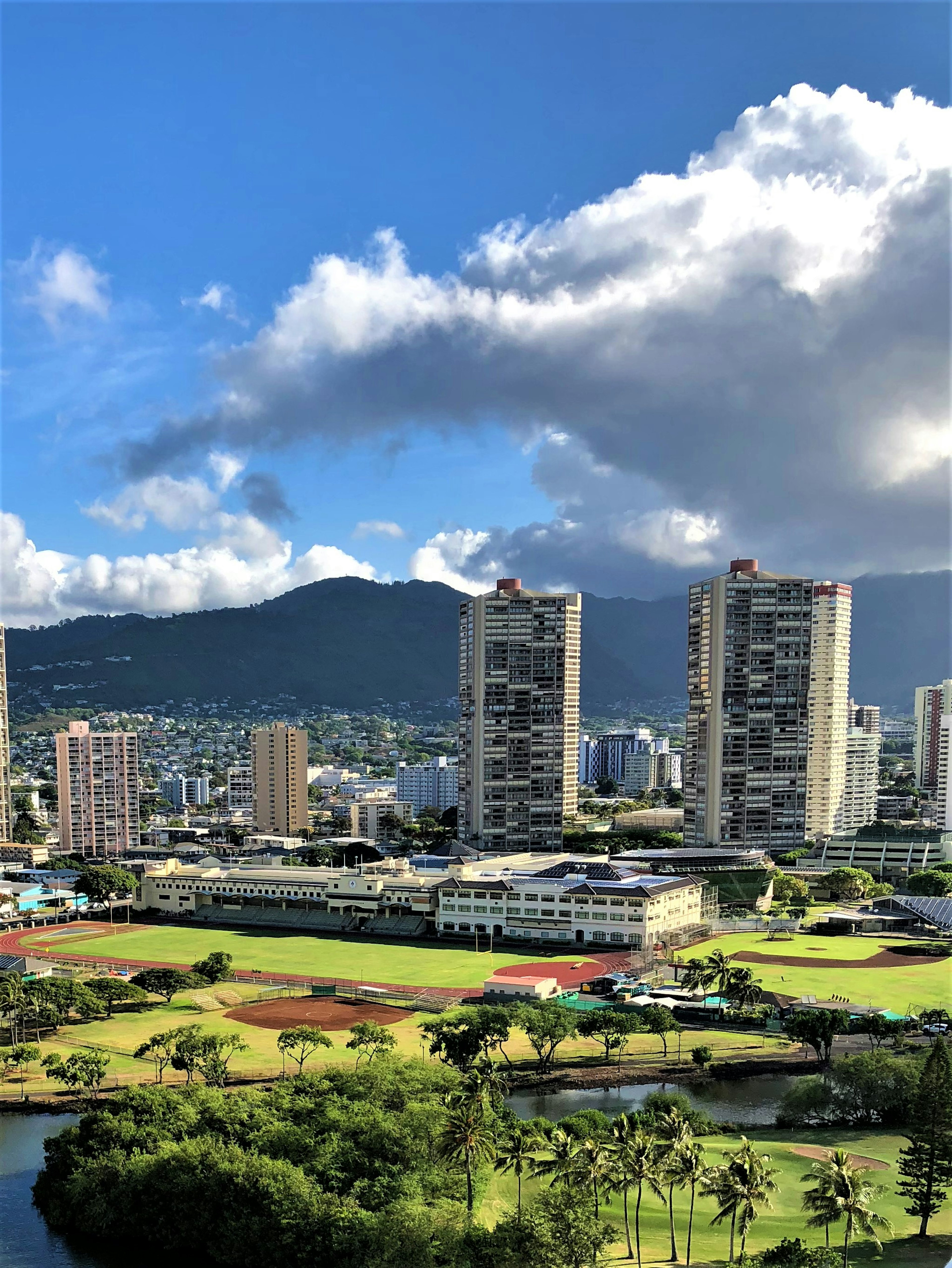 高層ビルと緑地が広がる都市の風景