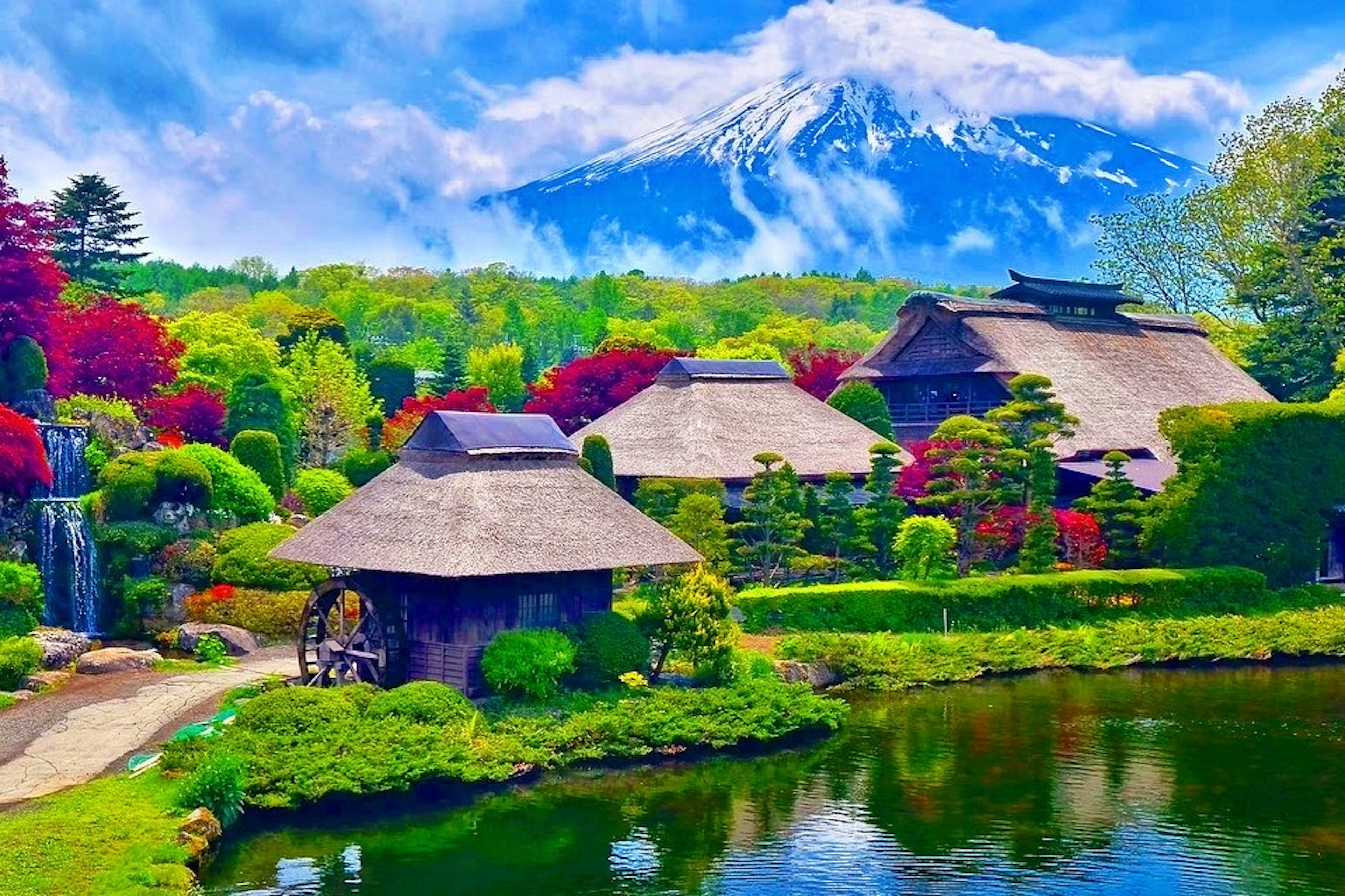 美しい庭園と富士山の風景 緑と赤の色彩が豊か