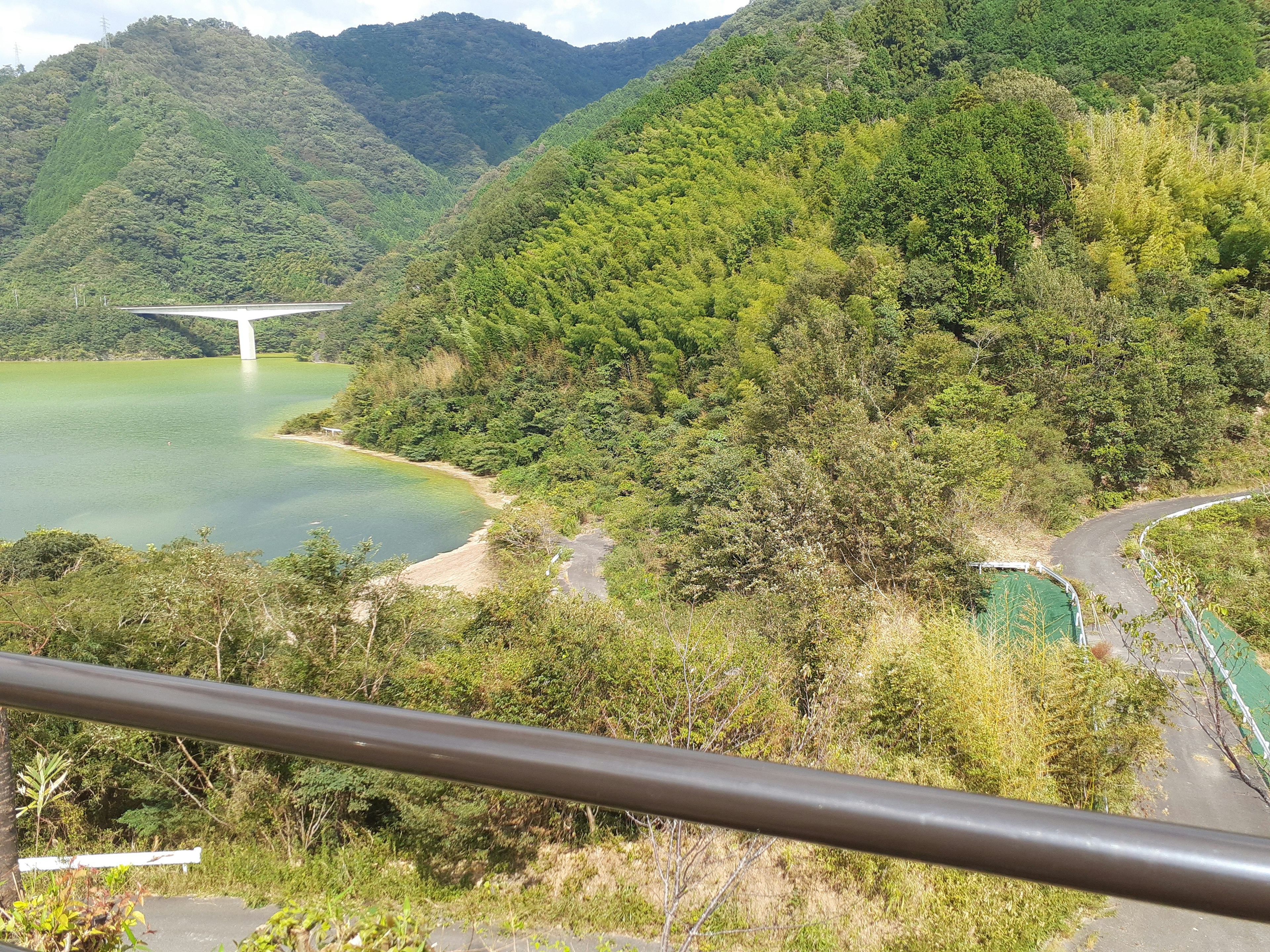 Scenic view of mountains and a lake with lush greenery and a bridge