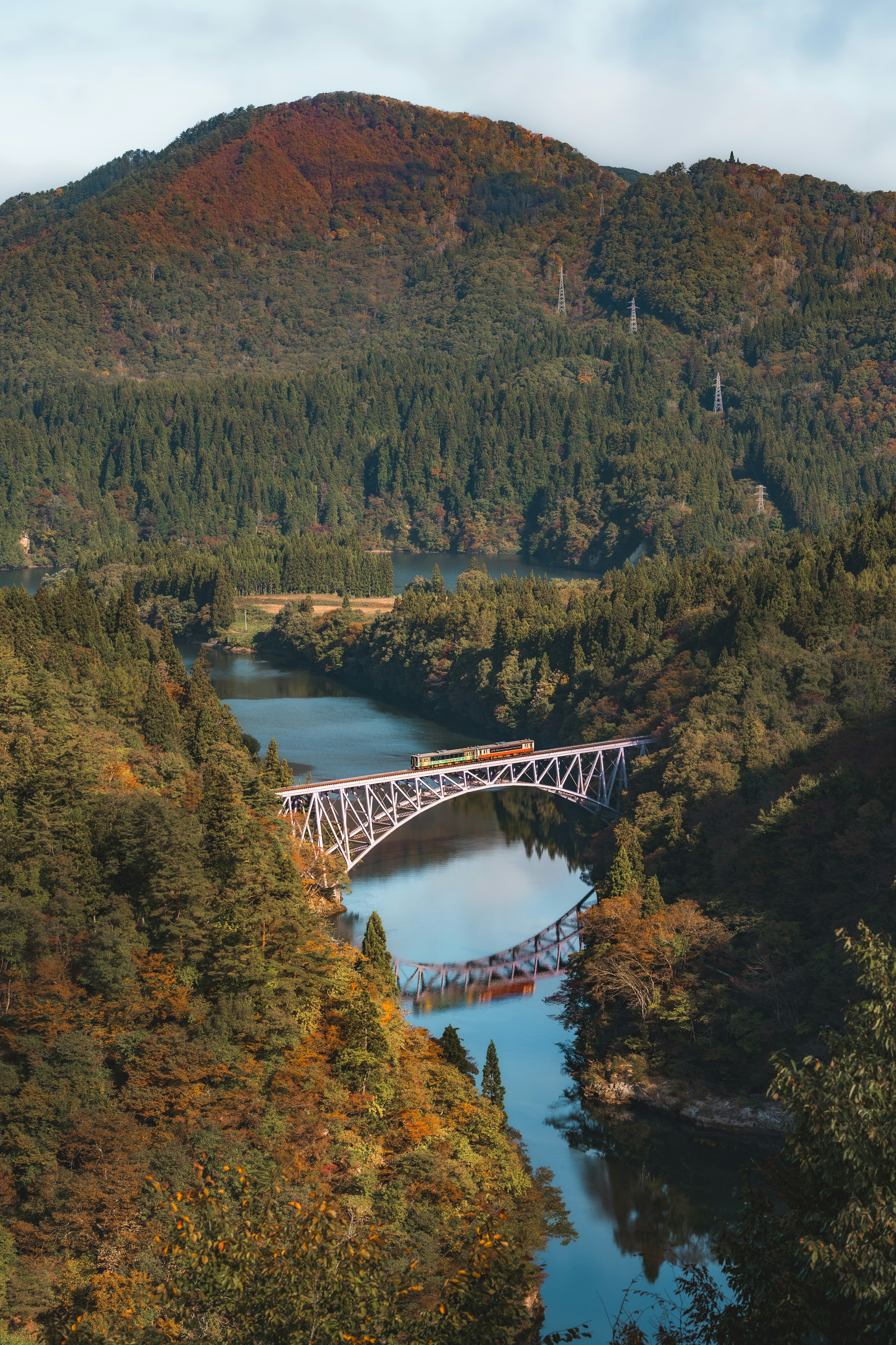 色とりどりの木々に囲まれた美しい川と橋の風景