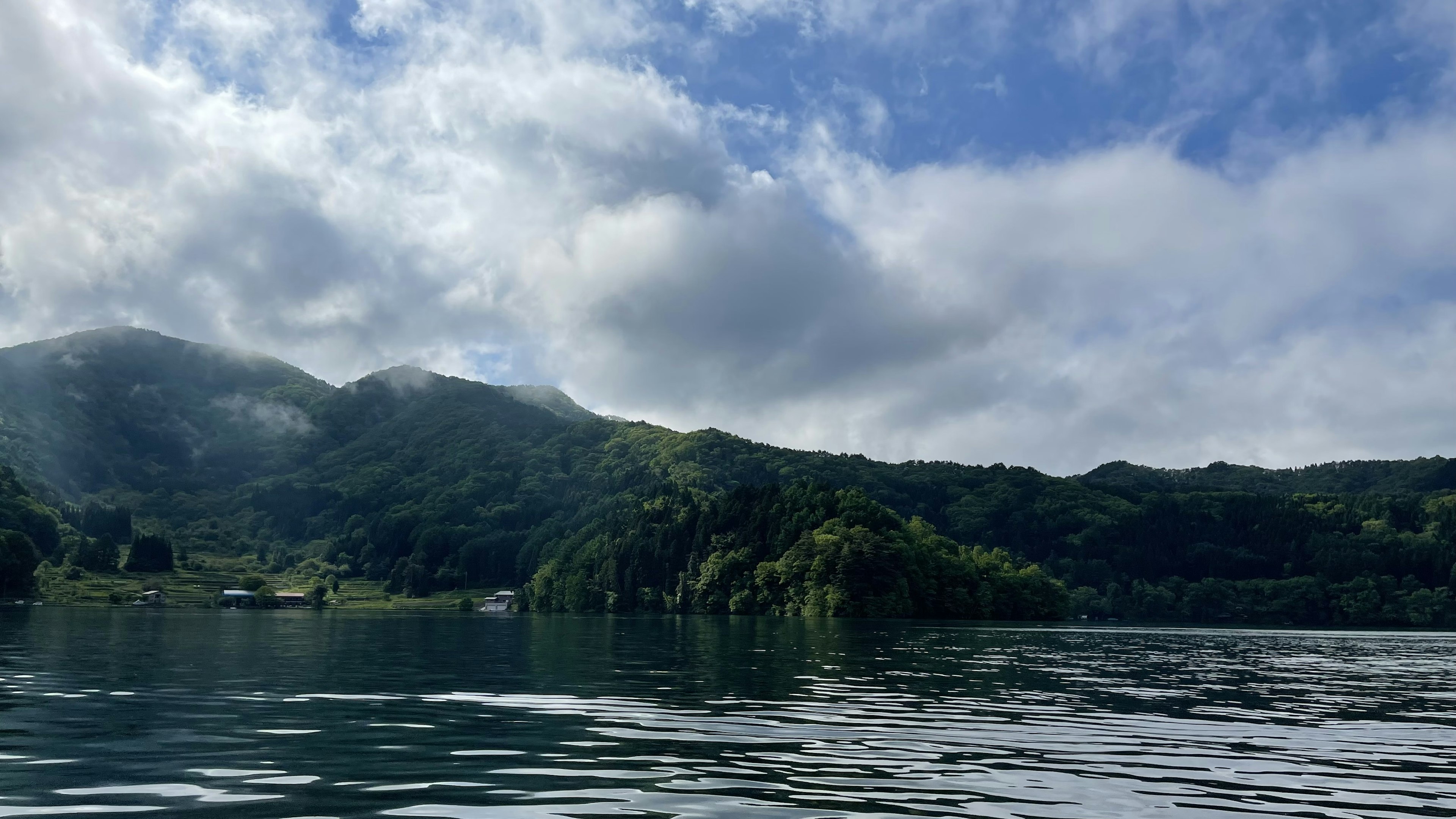 ทิวทัศน์ทะเลสาบที่สวยงามพร้อมภูเขาสีเขียวและท้องฟ้าสีฟ้า เมฆสะท้อนในน้ำ