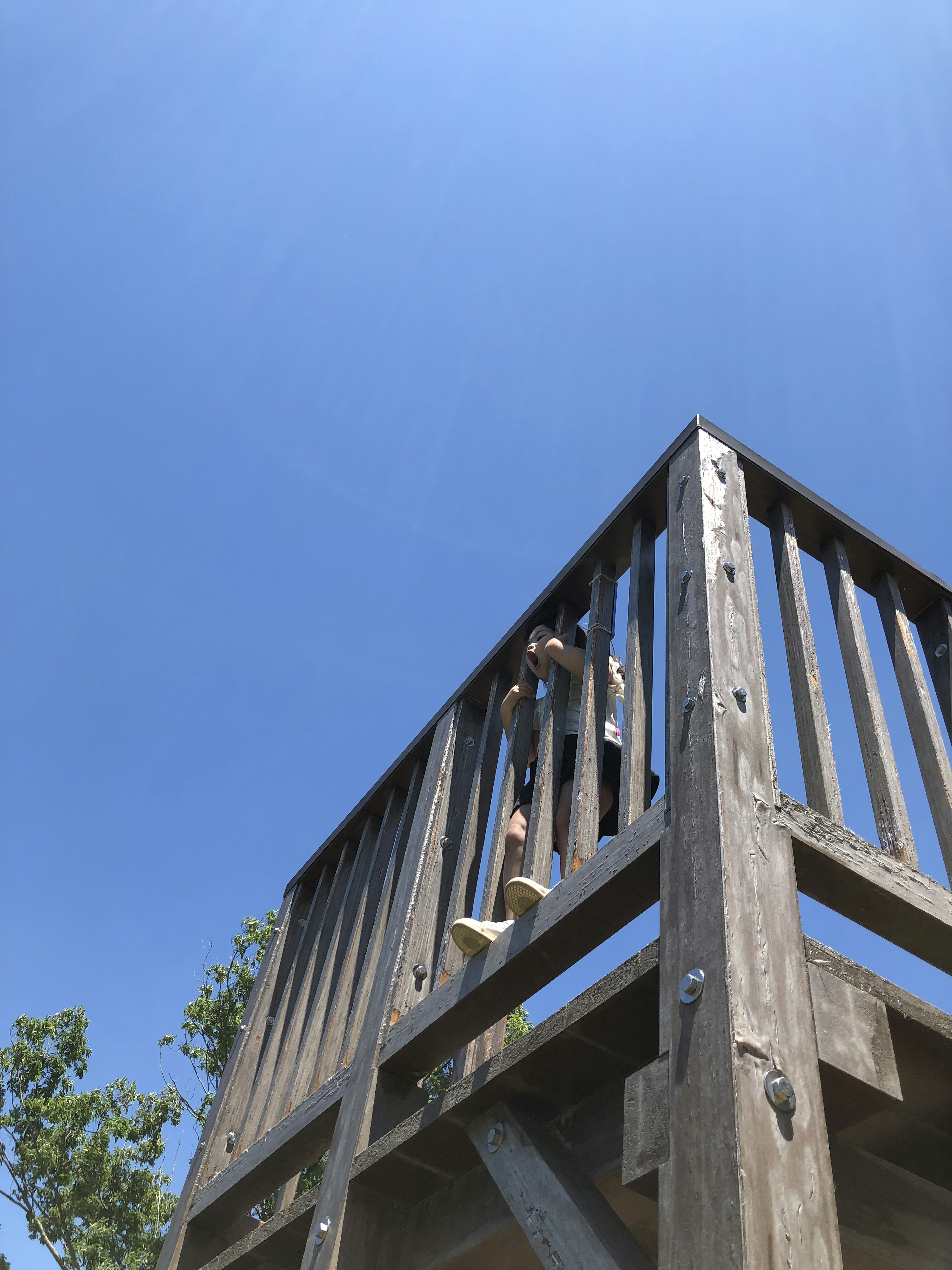 A child standing on a wooden play structure under a blue sky