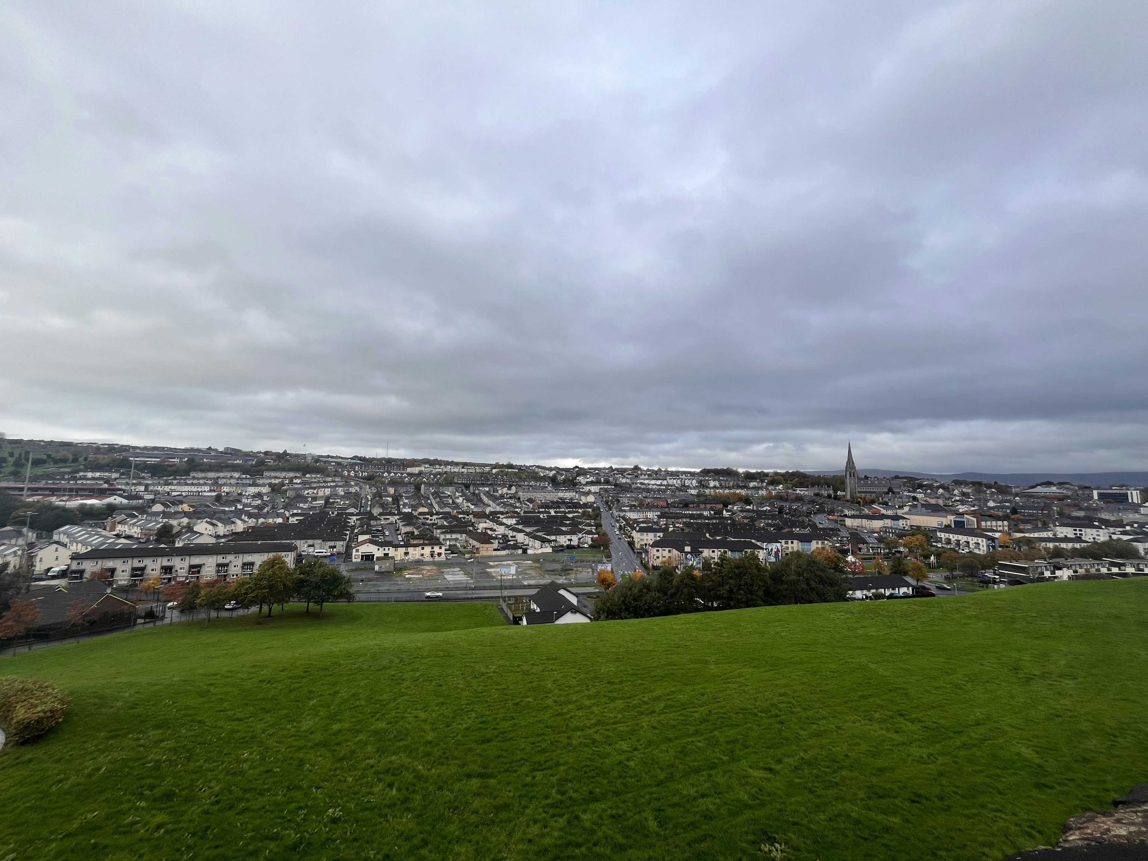 Ein Panoramablick mit grünen Grasfeldern und einem bewölkten Himmel mit Stadthäusern