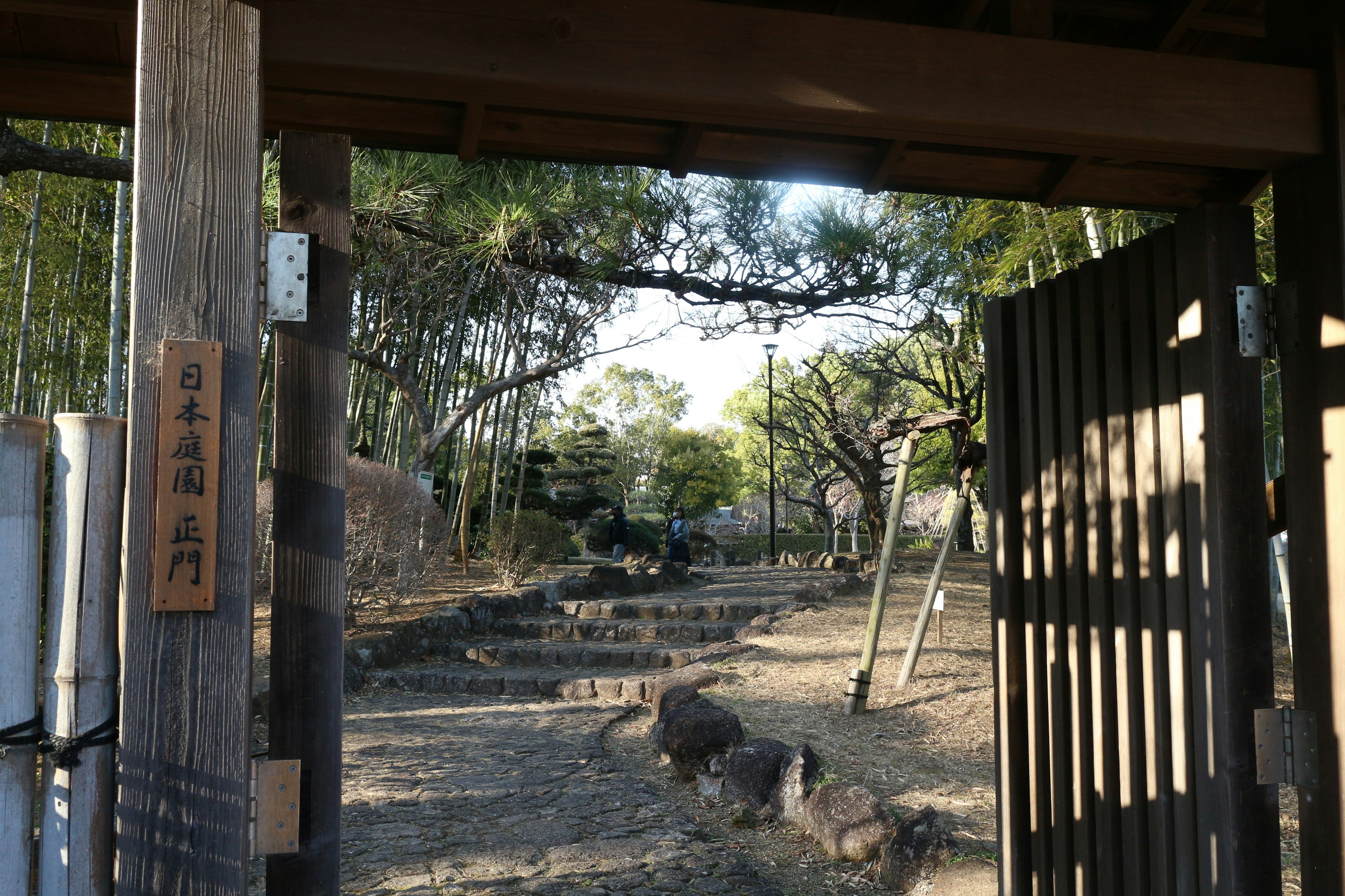 Blick auf einen ruhigen Garten durch ein Holztor