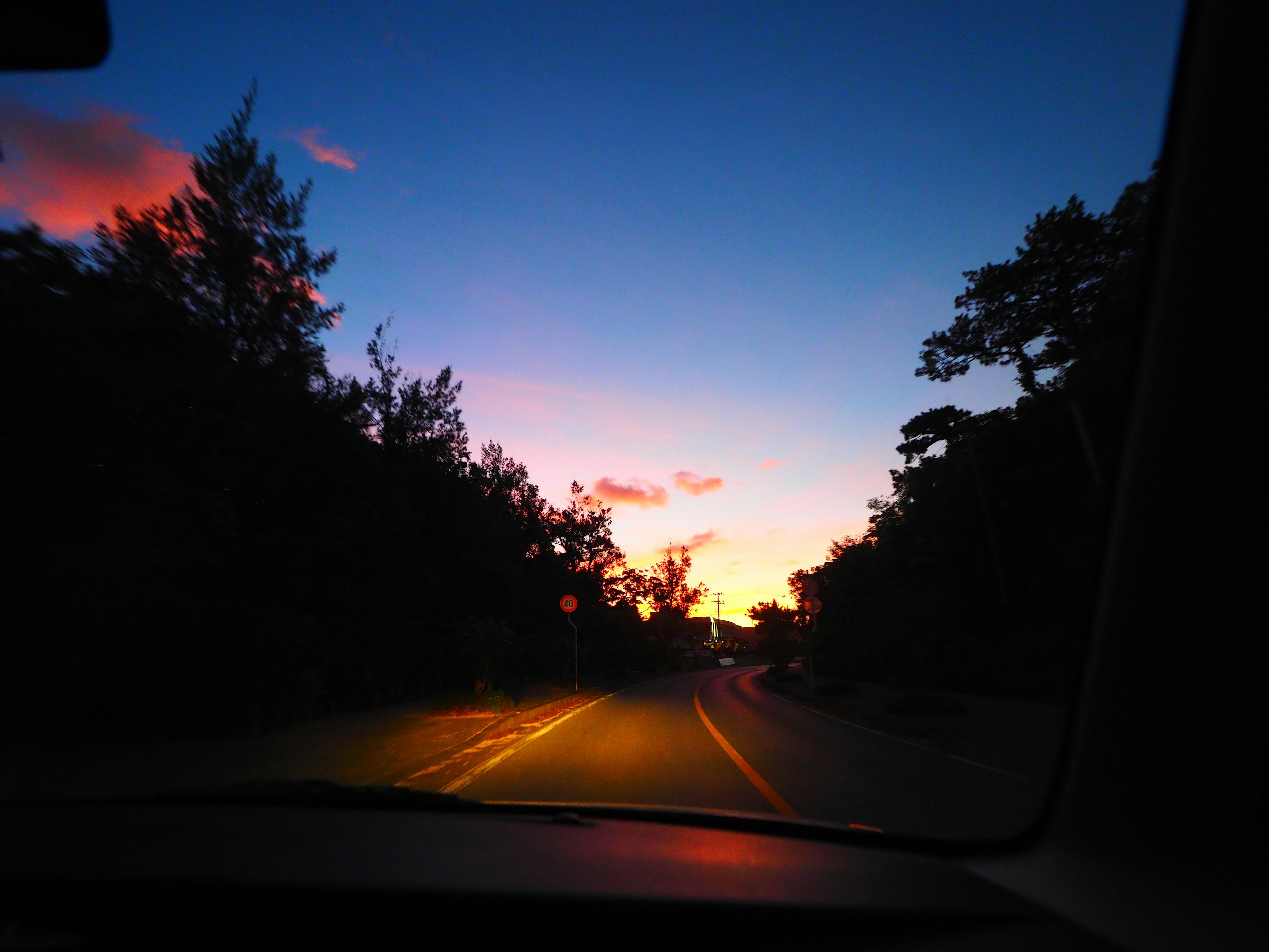 Vista de un paisaje al atardecer desde dentro de un coche mostrando una carretera y árboles