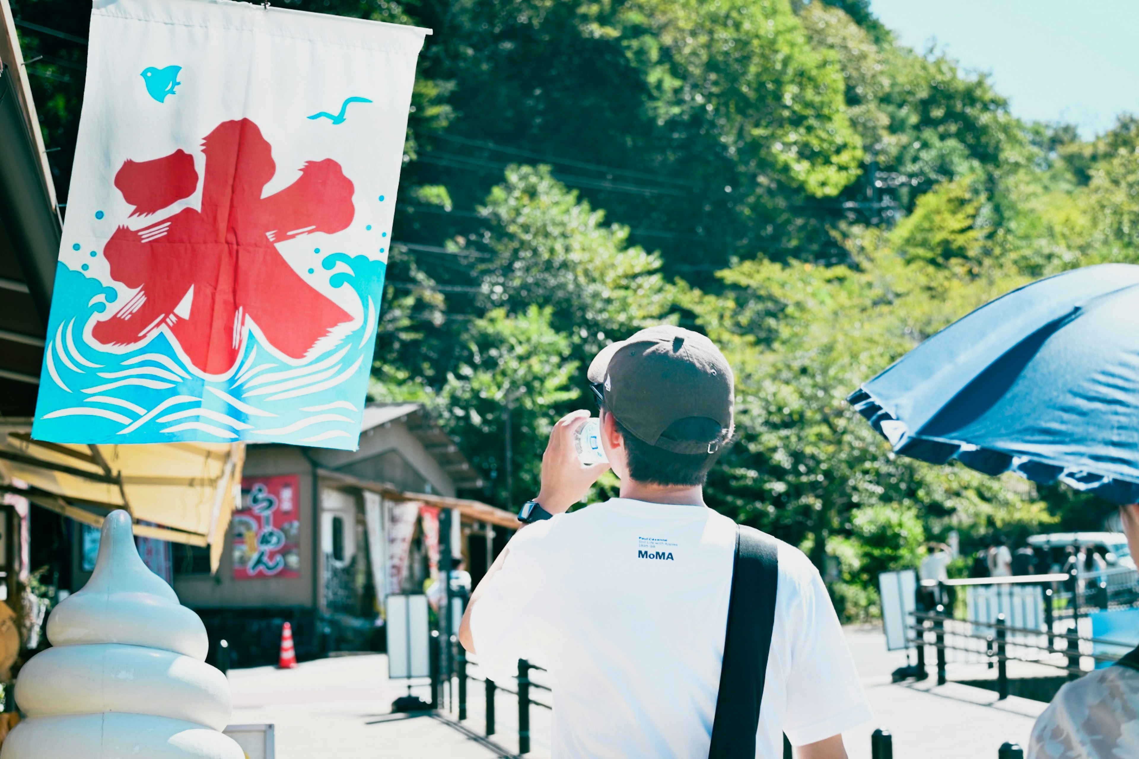 A person holding a camera in front of a red ice flag in a scenic landscape