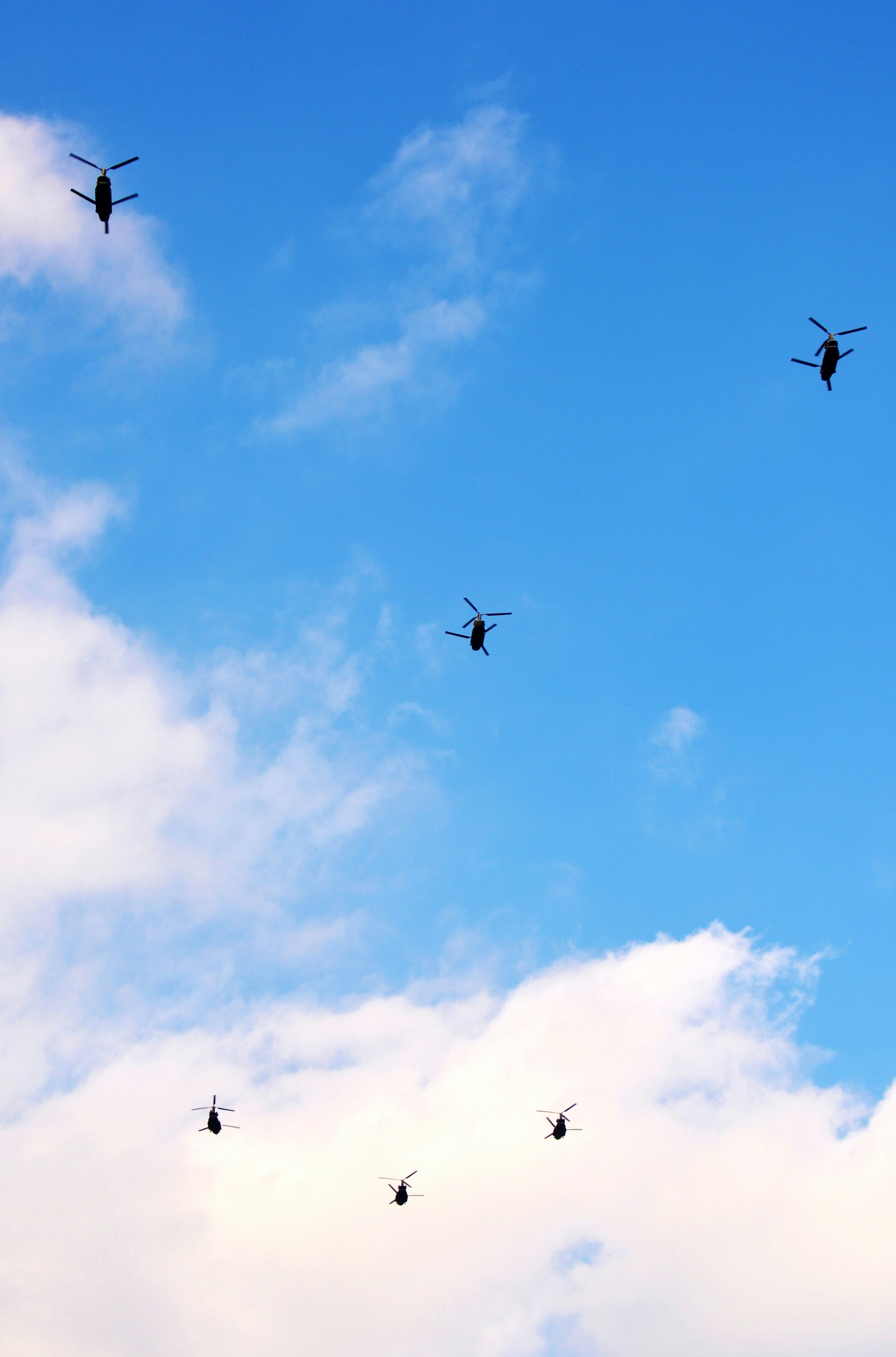 A group of helicopters flying in the blue sky