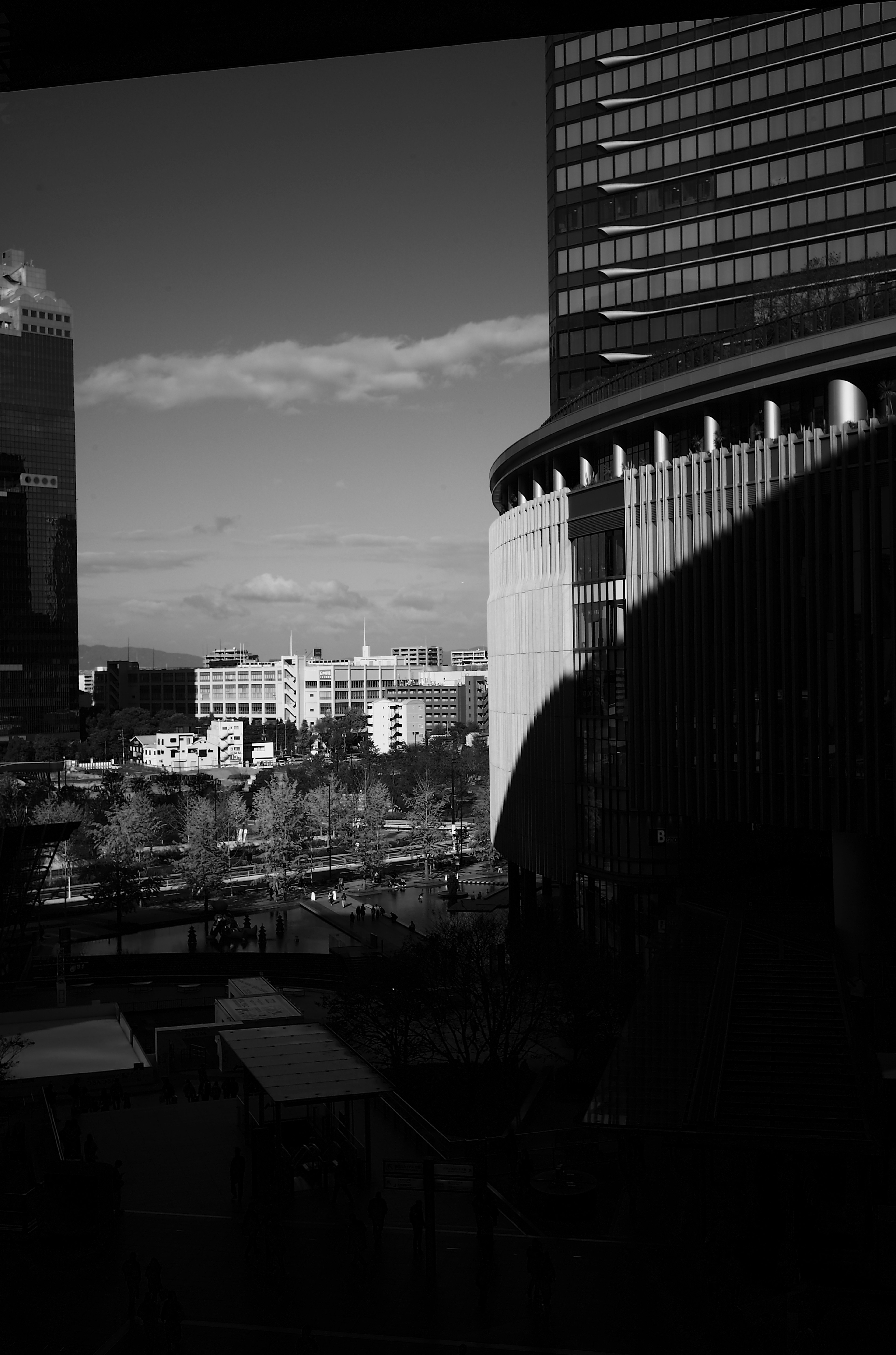 Black and white photo of a cityscape featuring tall buildings and a clear sky