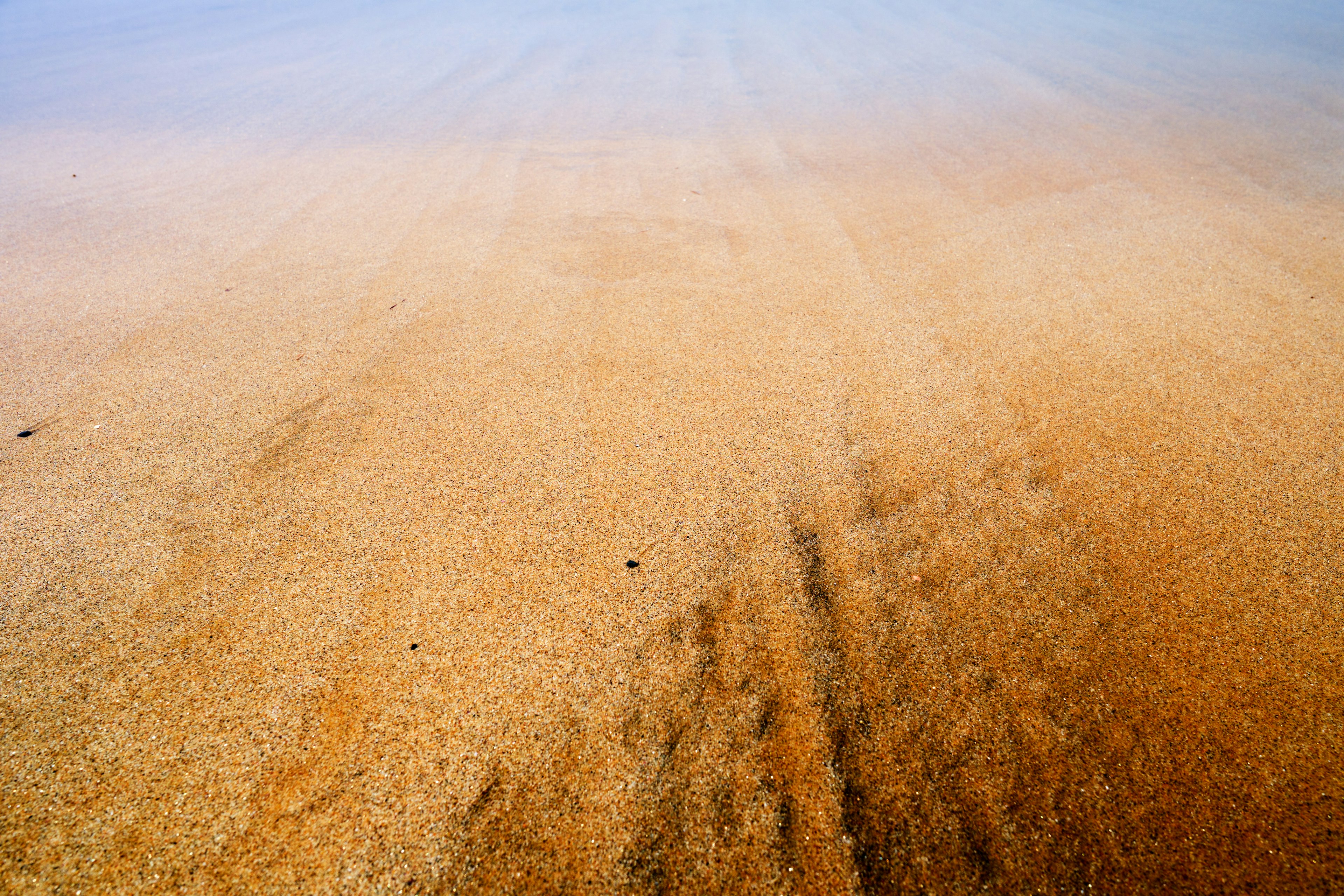 Una playa de arena con colores suaves y huellas de neumáticos visibles