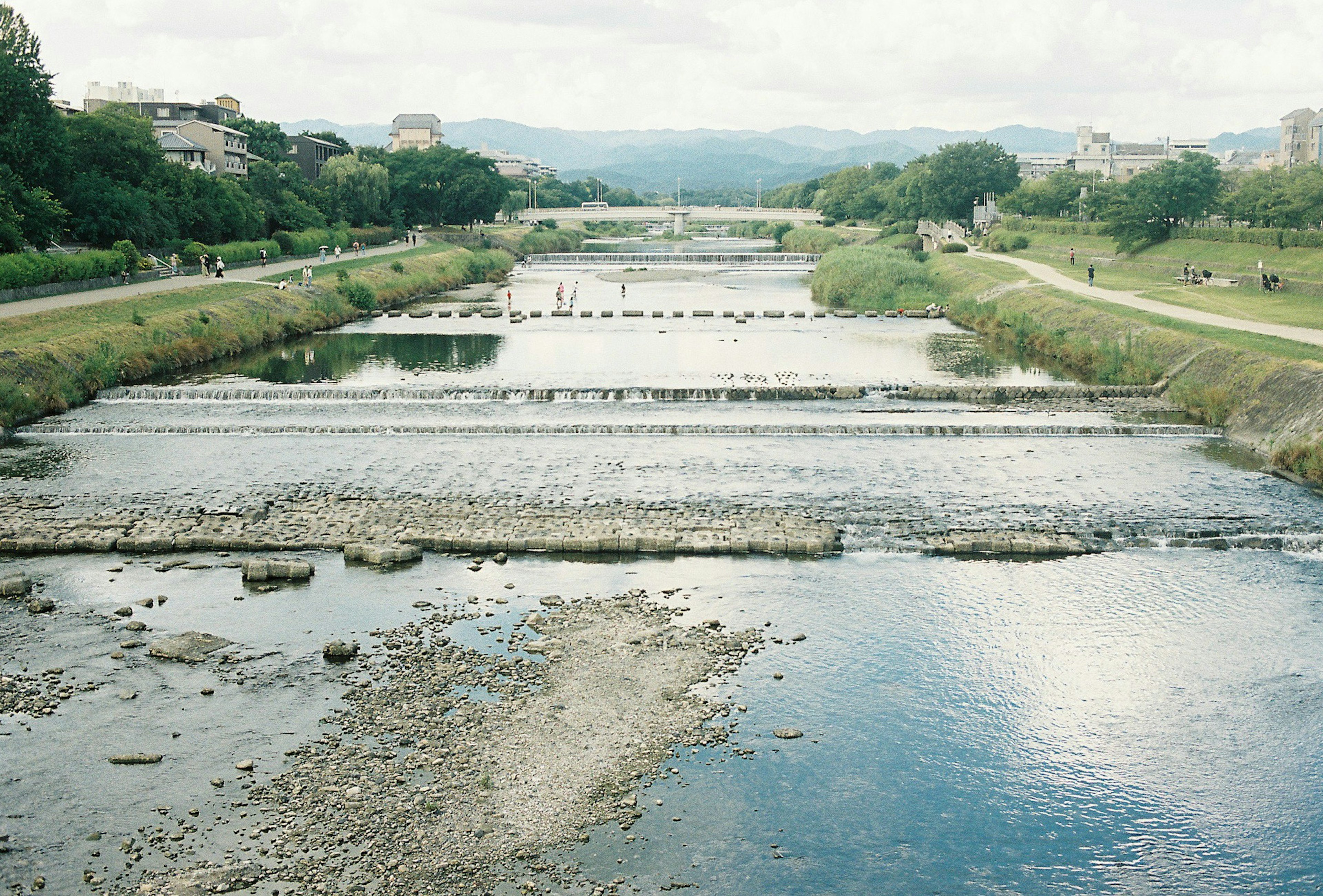 川の流れと石の堰が見える風景緑豊かな岸辺と穏やかな空が広がる