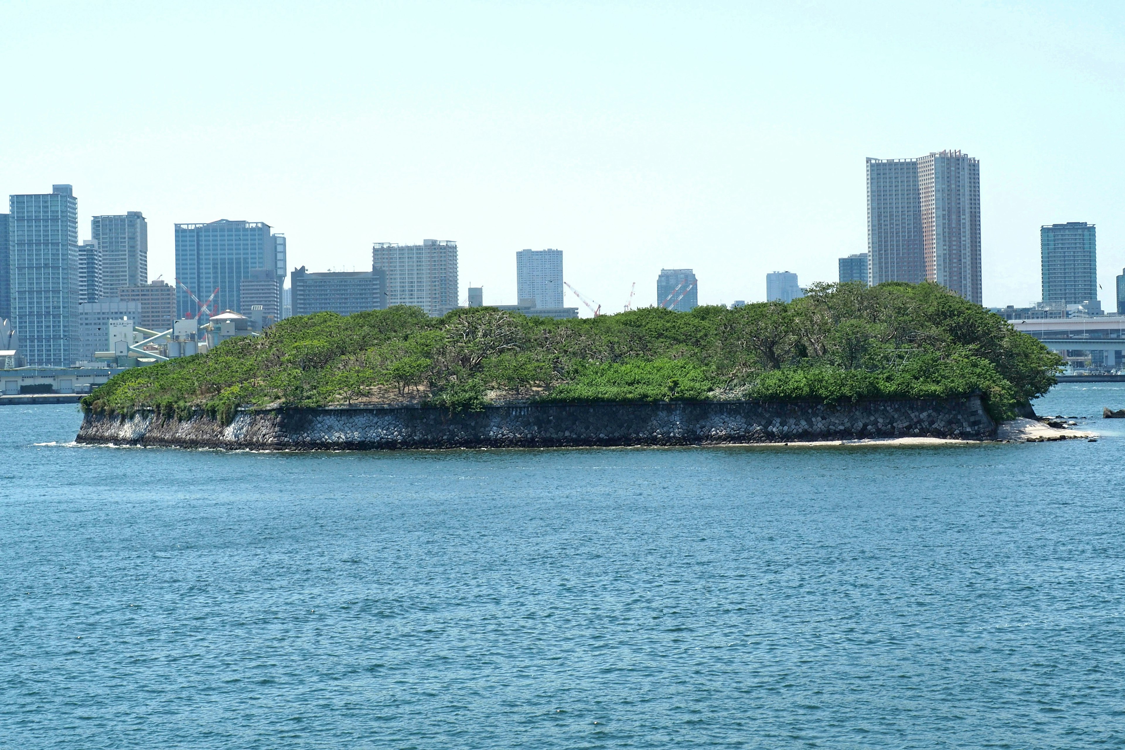 Lush green island surrounded by blue water with city skyline in the background