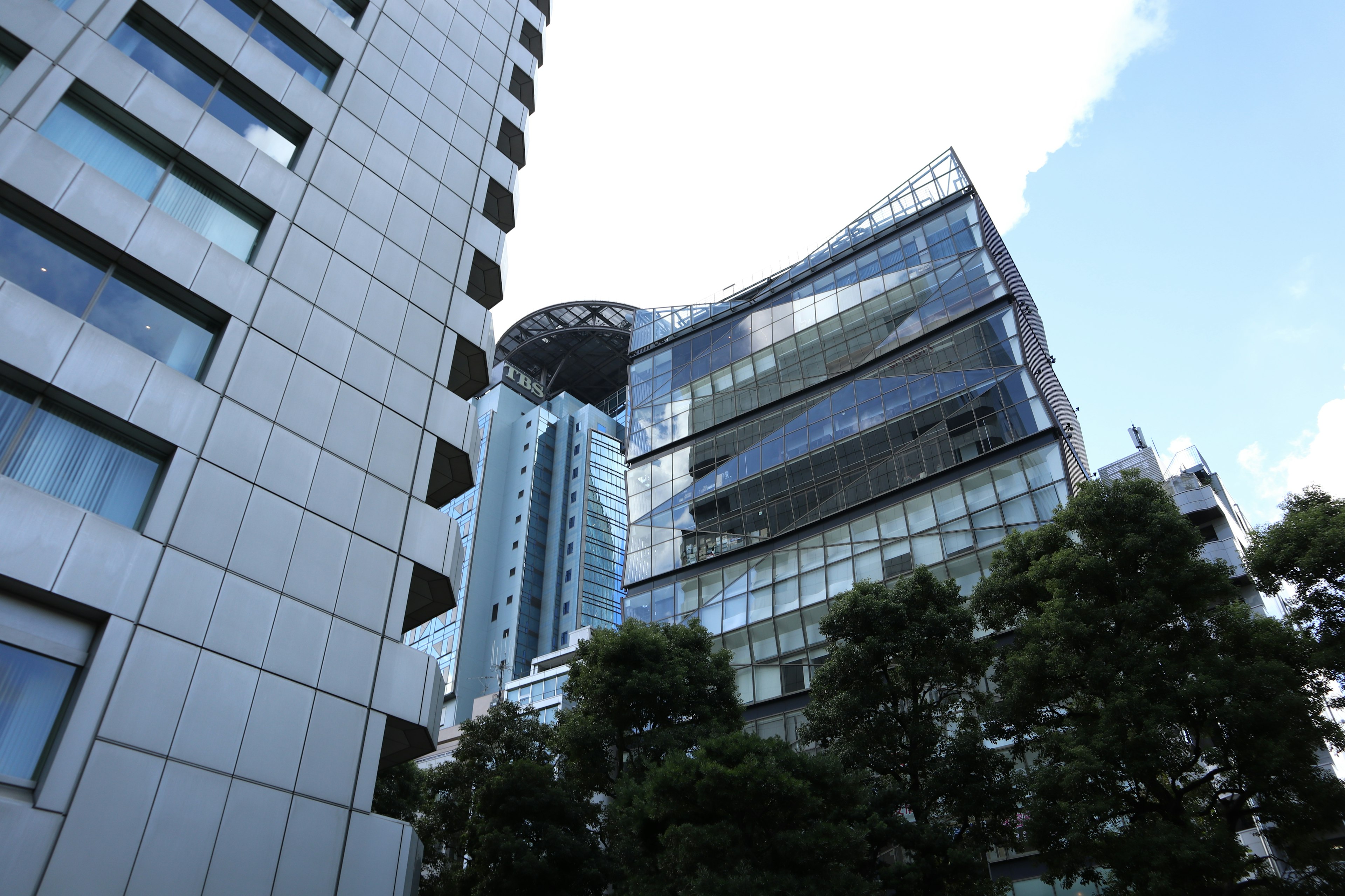 Modern architecture with glass facade and surrounding greenery