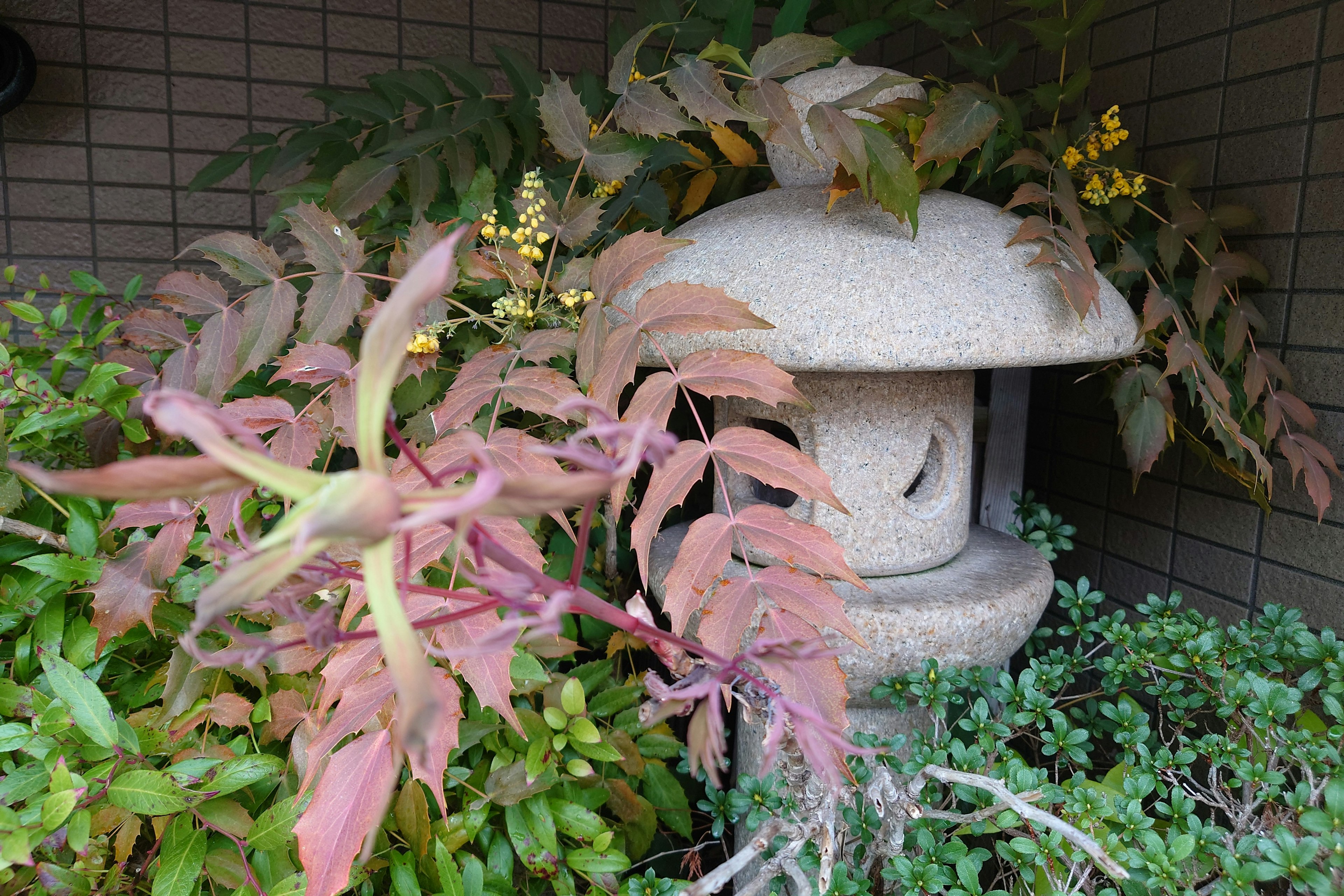 Una linterna de piedra rodeada de plantas coloridas en un jardín