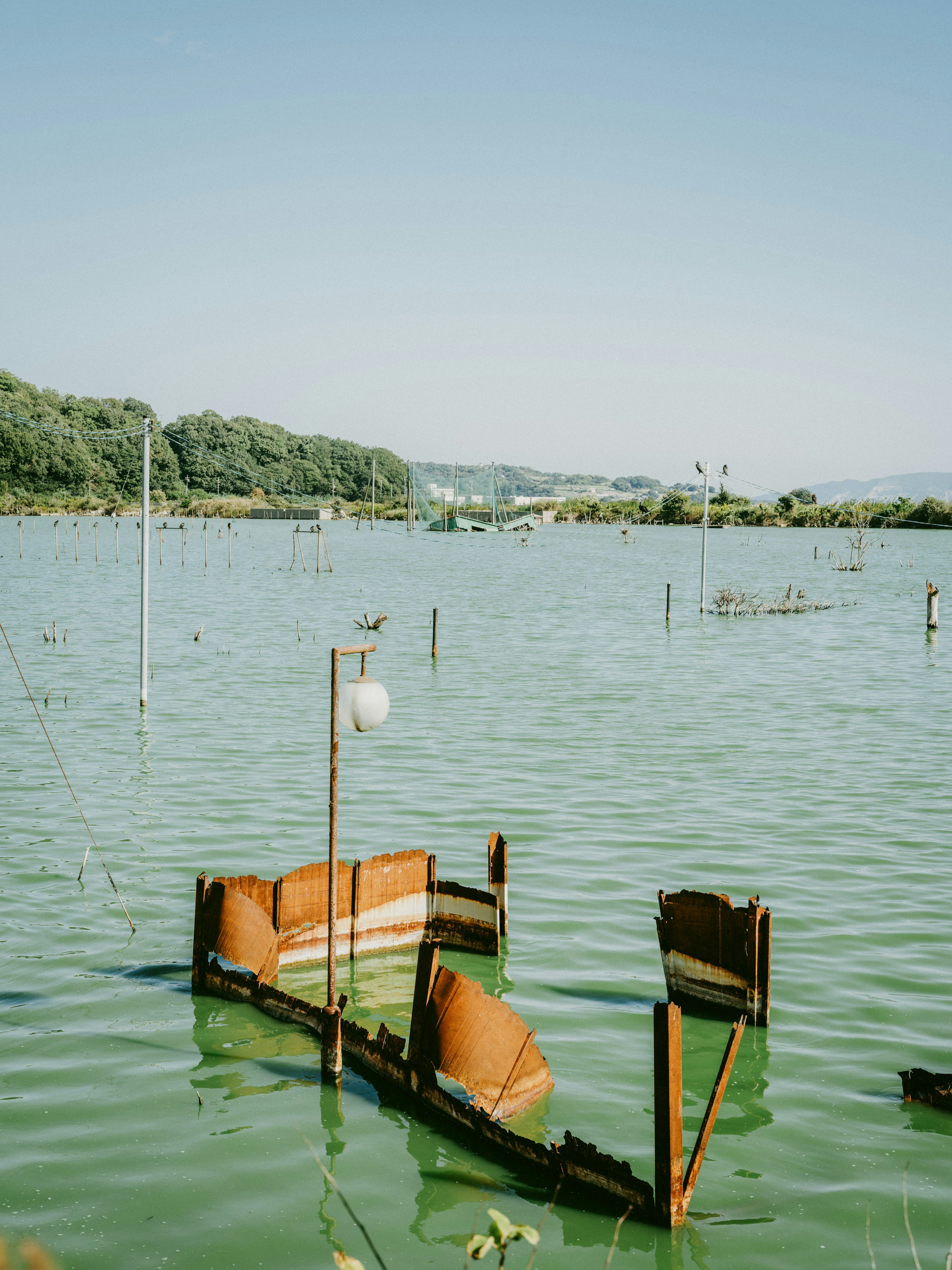 Landscape featuring submerged wooden structures and a light pole in the water