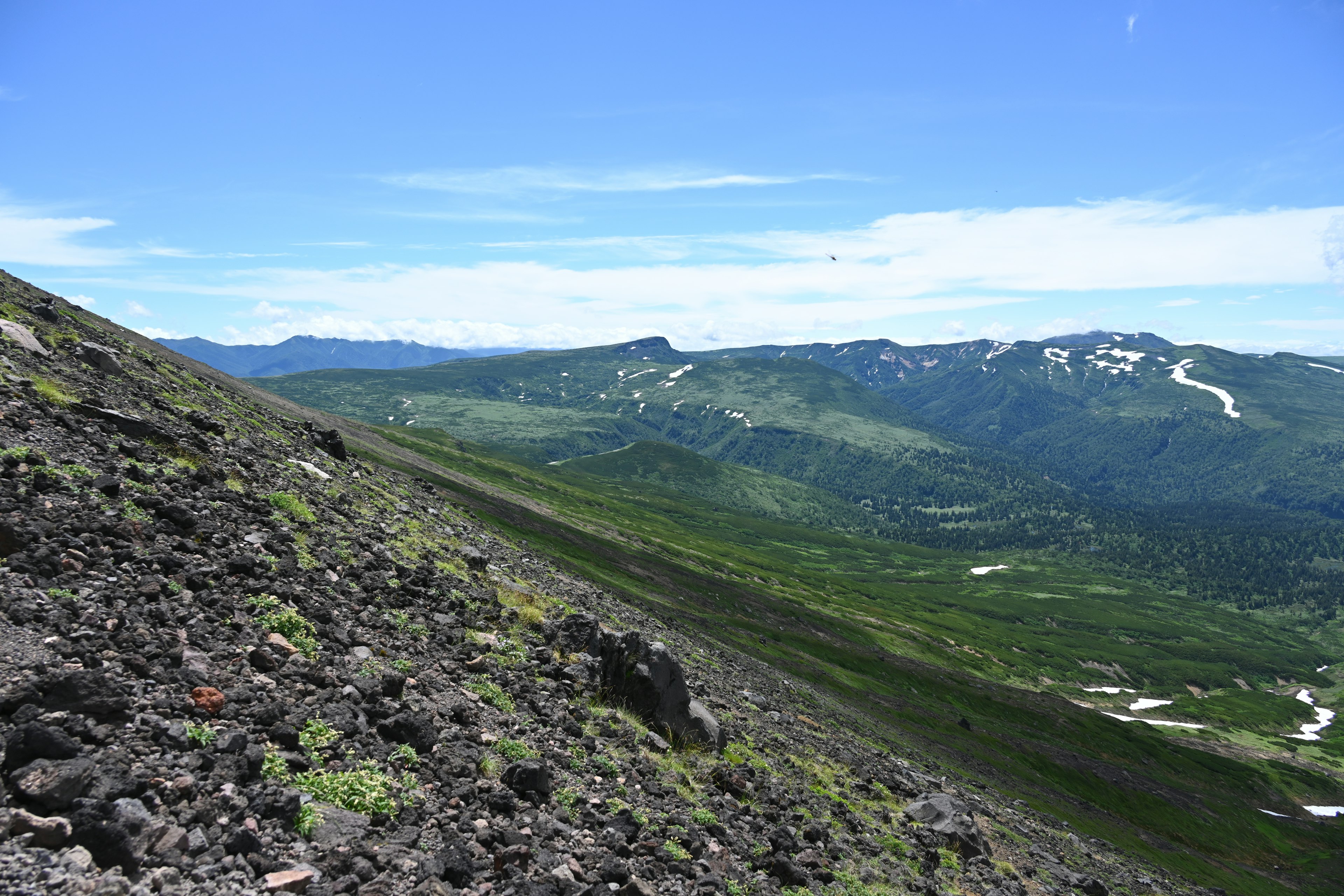 View of a mountain slope with black lava rocks and green grassland