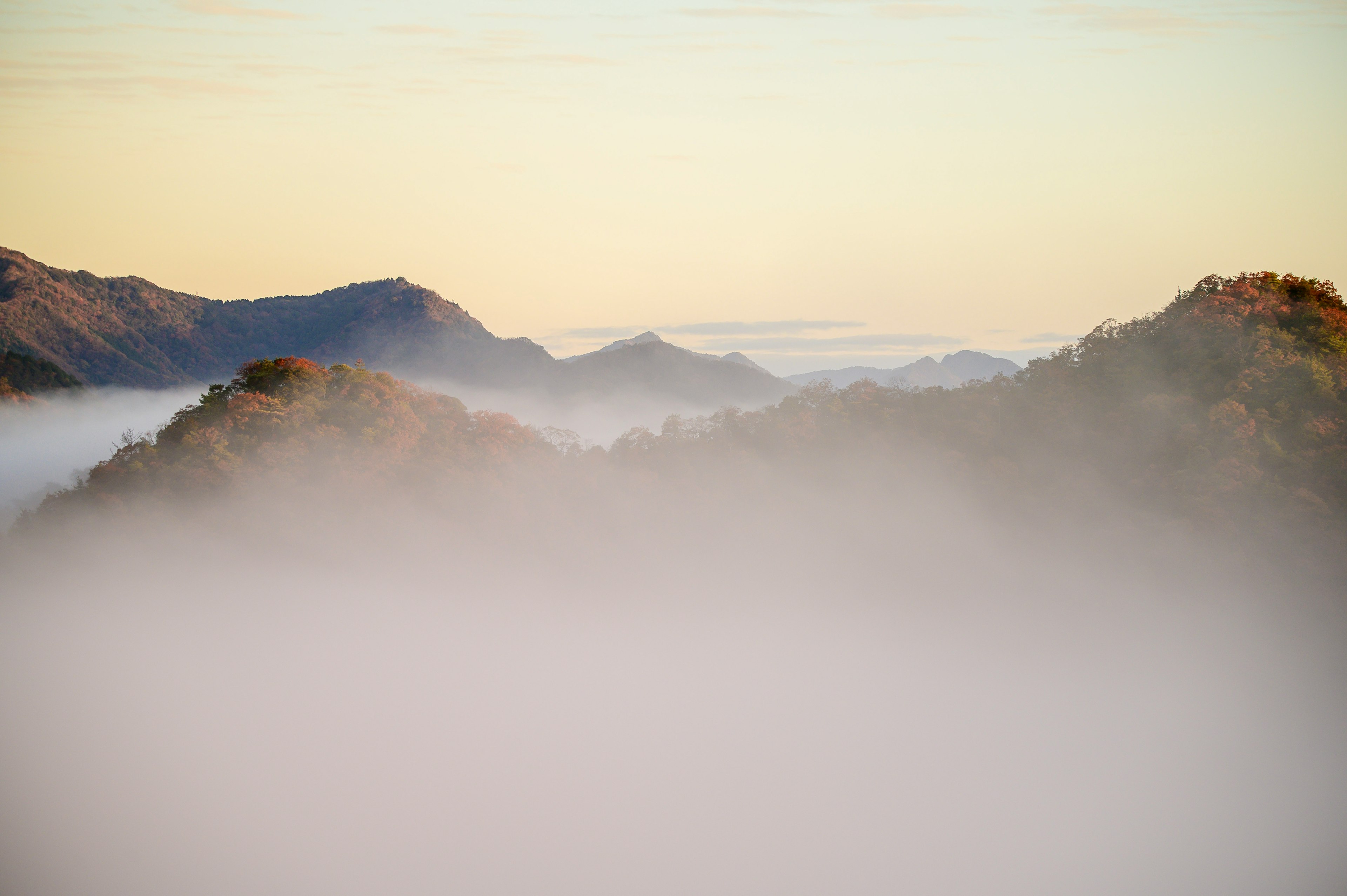 Gunung yang diselimuti kabut dengan langit gradasi lembut