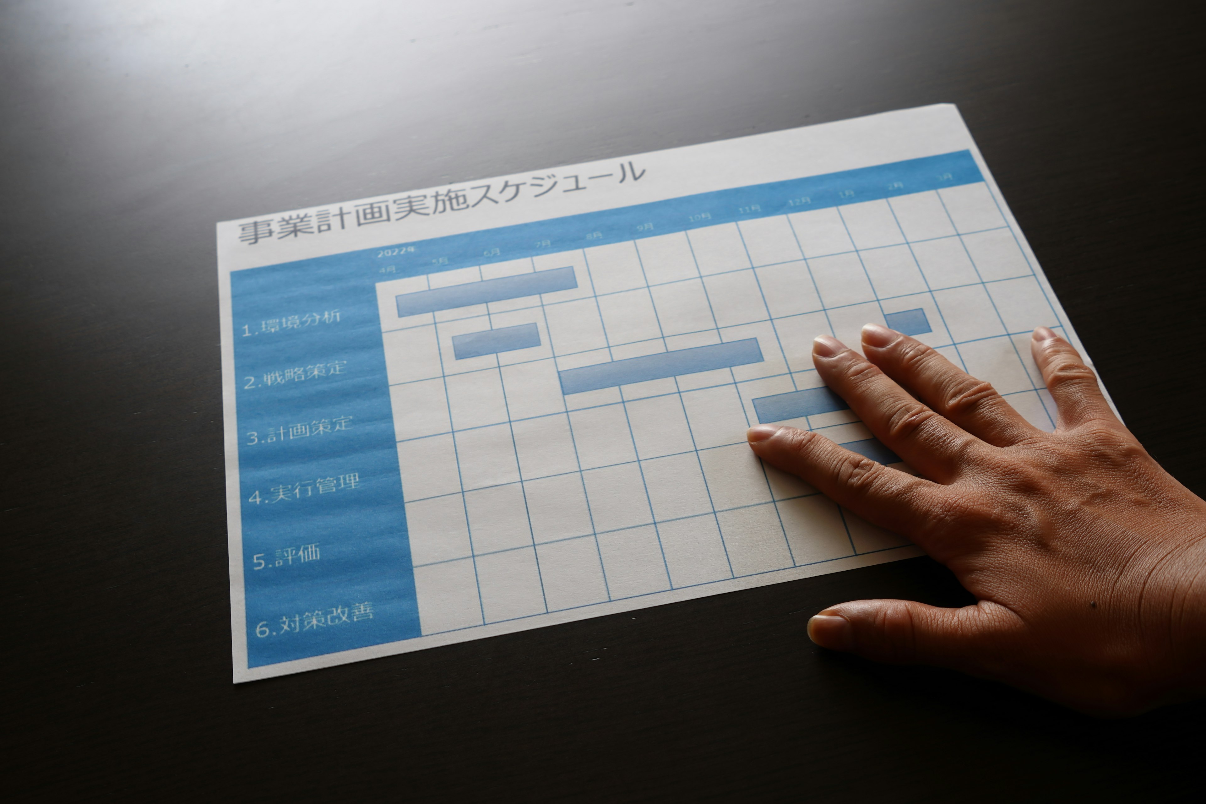 Image of a schedule chart with a hand placed on it