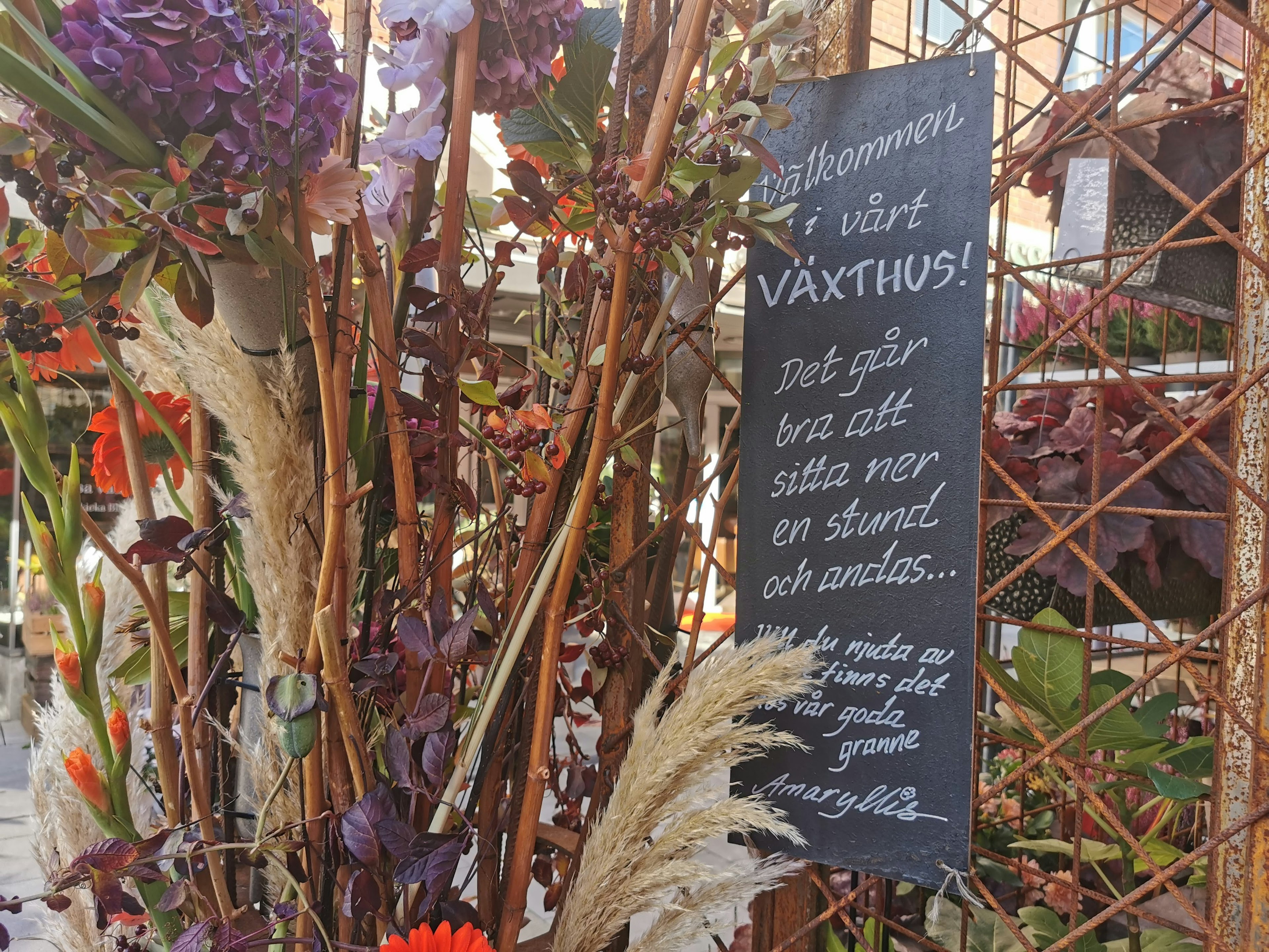 Welcoming sign at a greenhouse adorned with vibrant flowers and plants