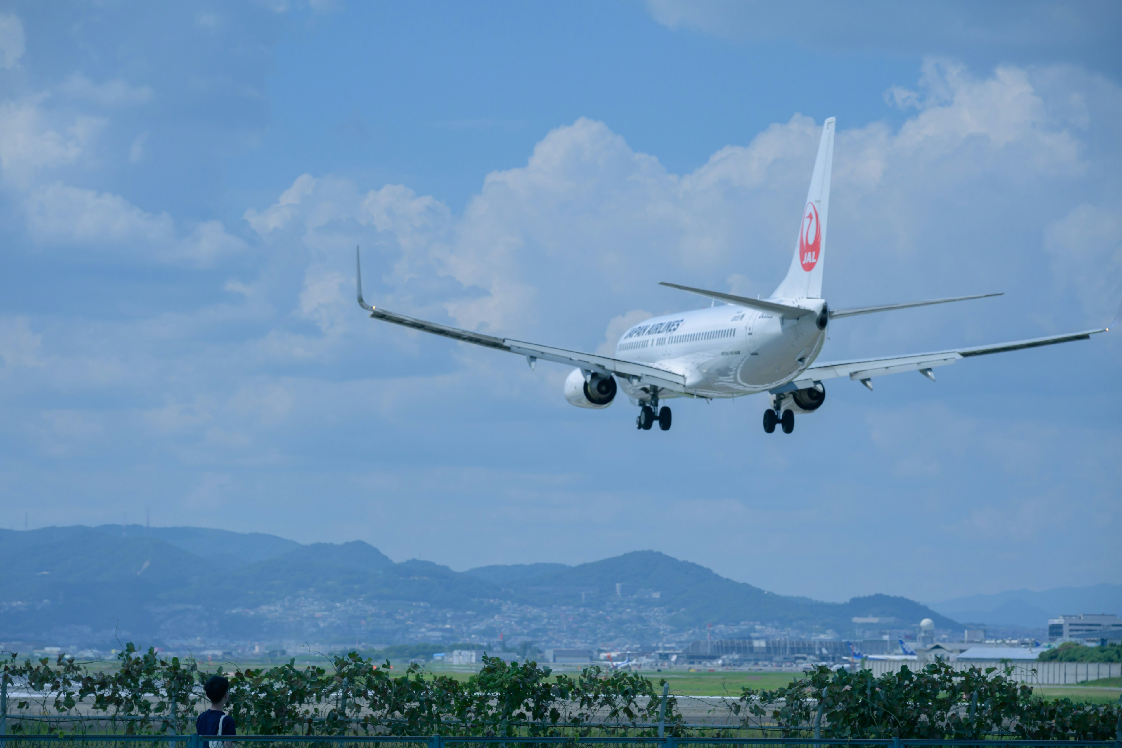 青空を背景に着陸する航空機と山々