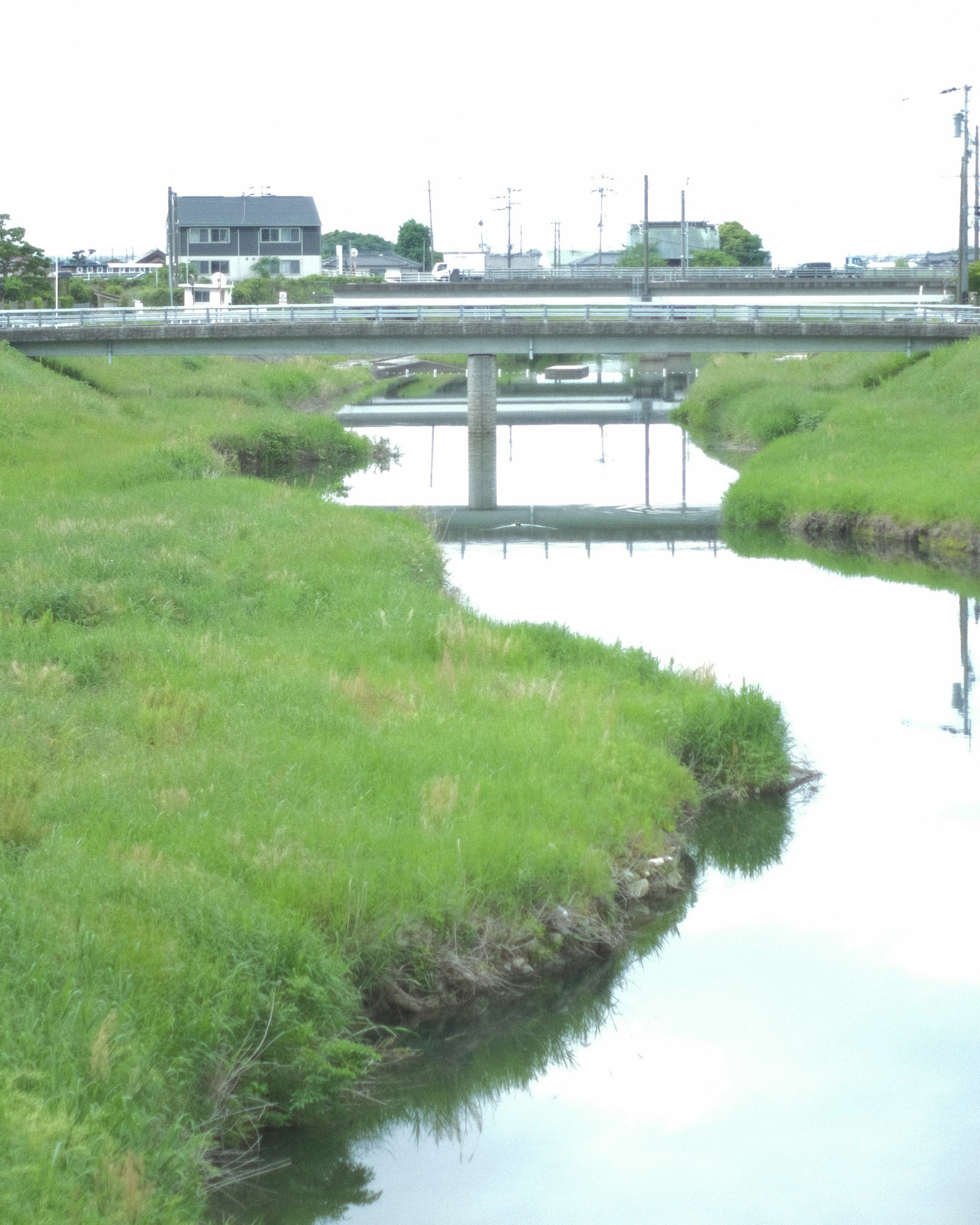 緑の草地と静かな水面の川に架かる橋の風景