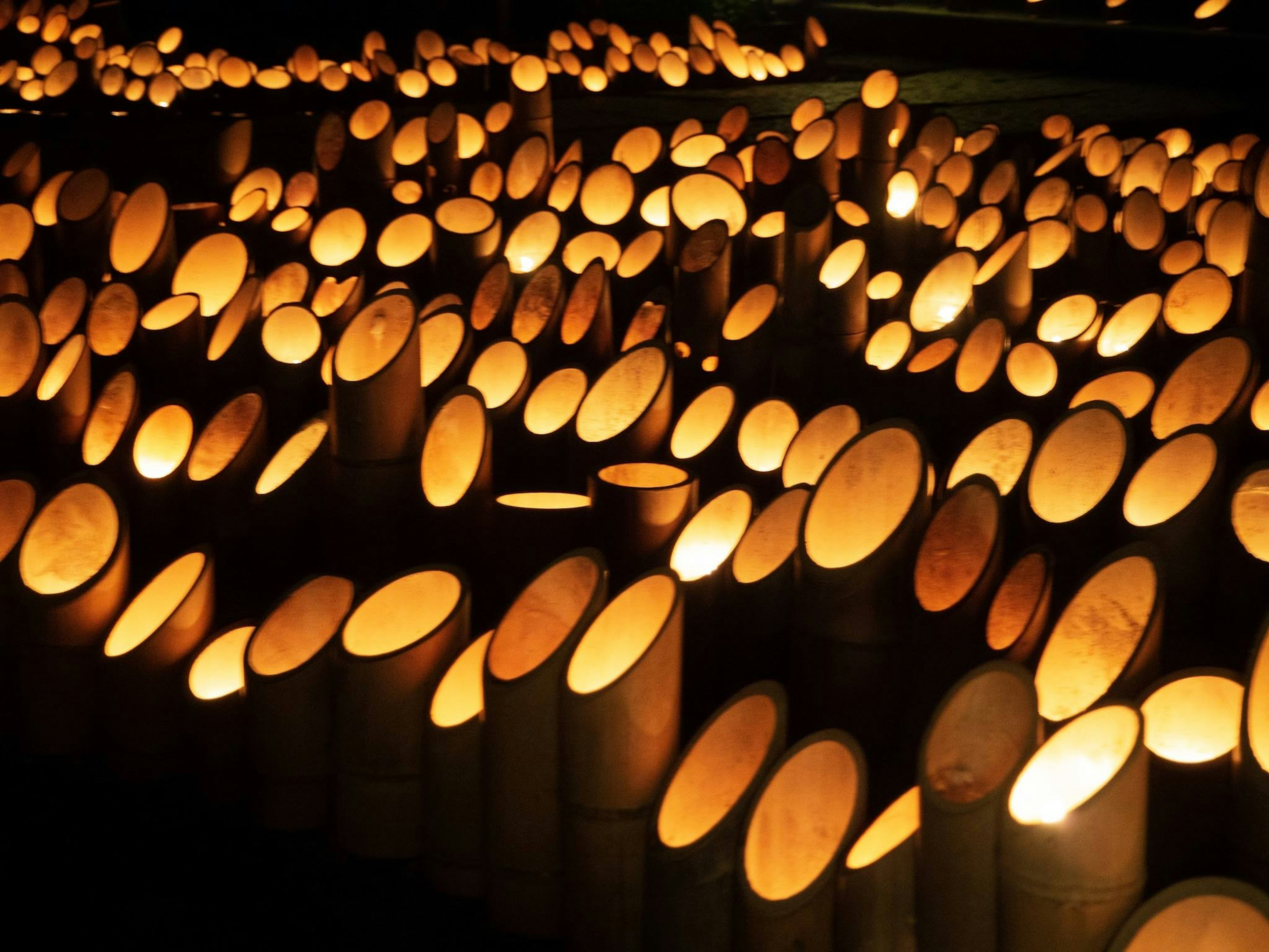 Una multitud de faroles de bambú brillantes dispuestos en la noche