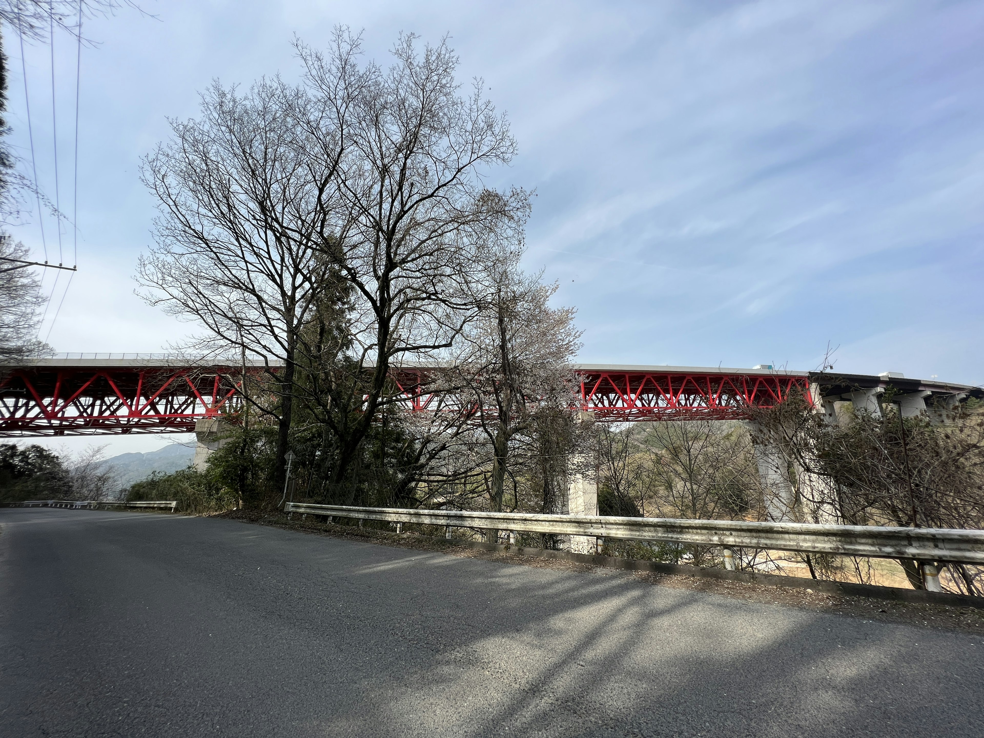 Puente ferroviario rojo rodeado de árboles y cielo despejado