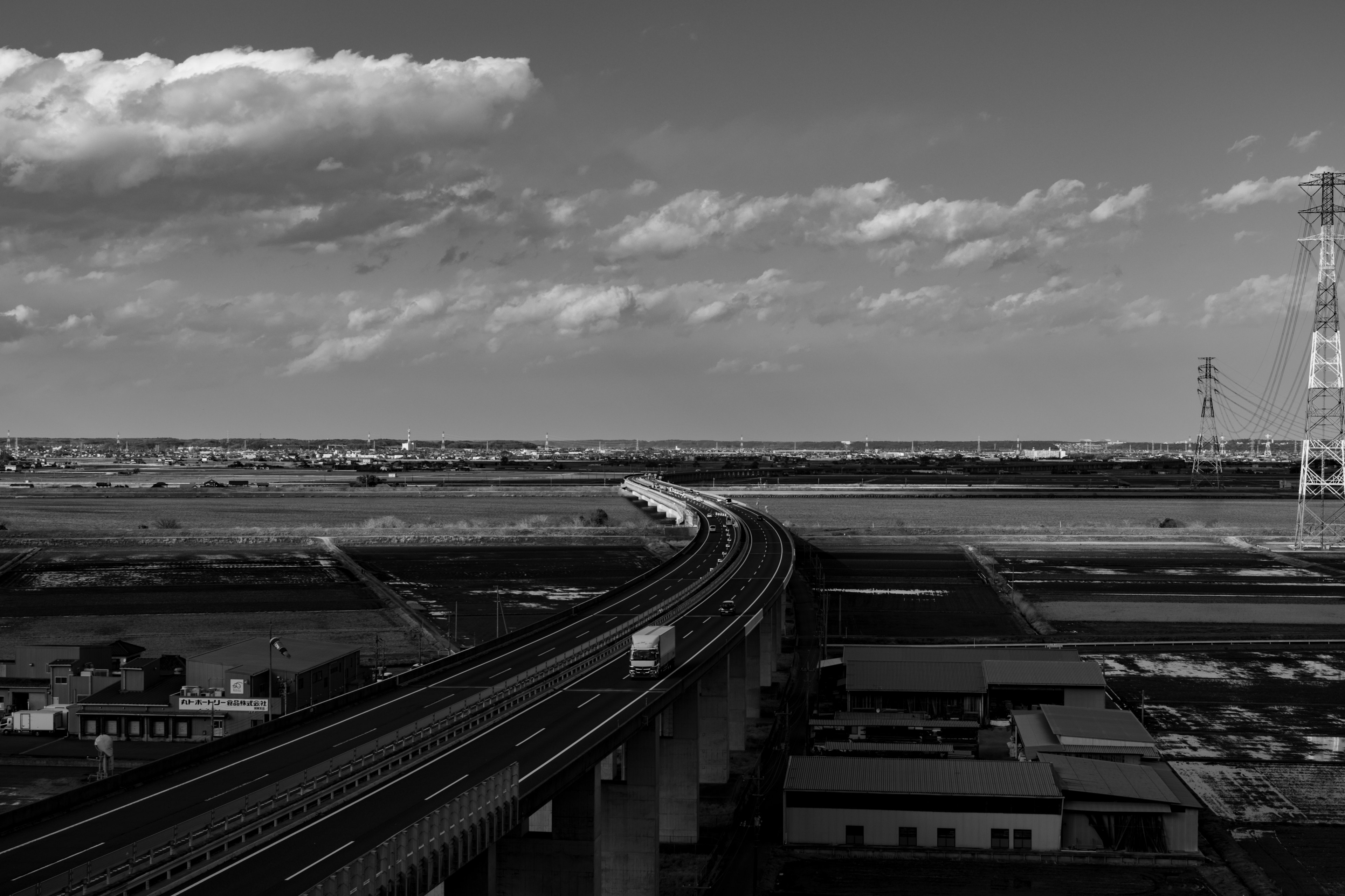 Paisaje en blanco y negro con una carretera elevada y un paisaje lejano