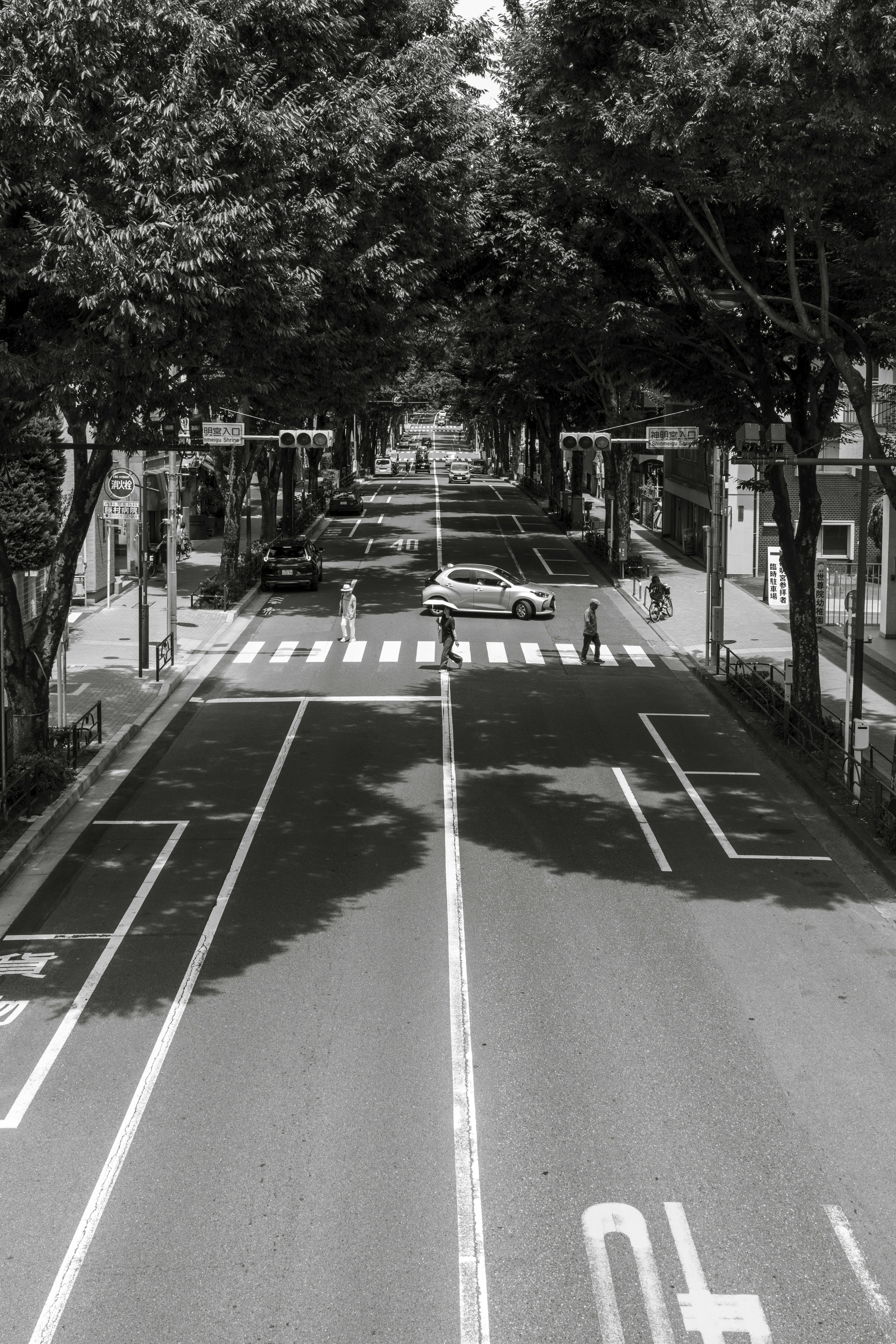 Scène de rue en noir et blanc avec des piétons et des véhicules à un carrefour