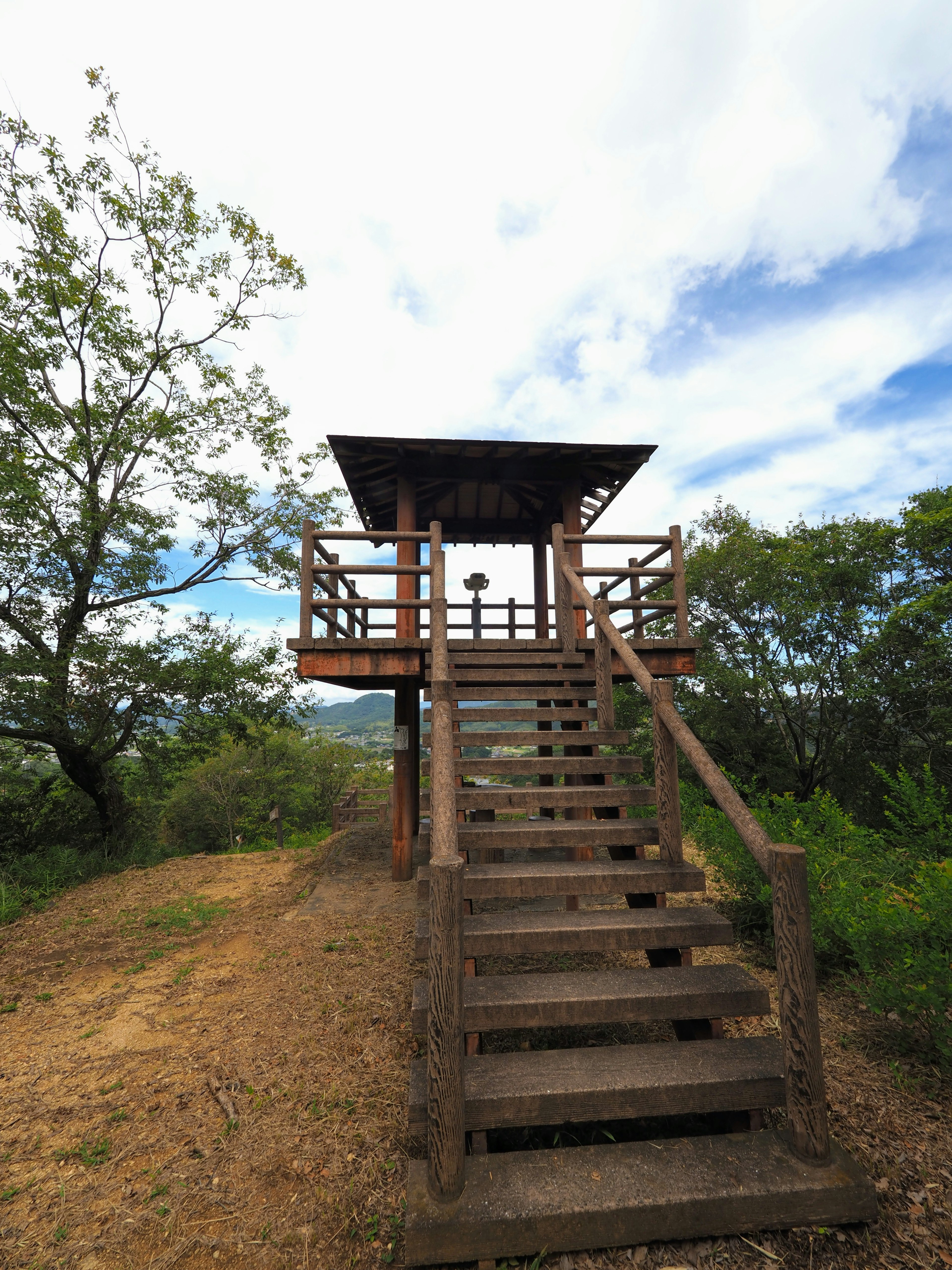 Torre di osservazione in legno con scale circondata da alberi verdi e cielo blu