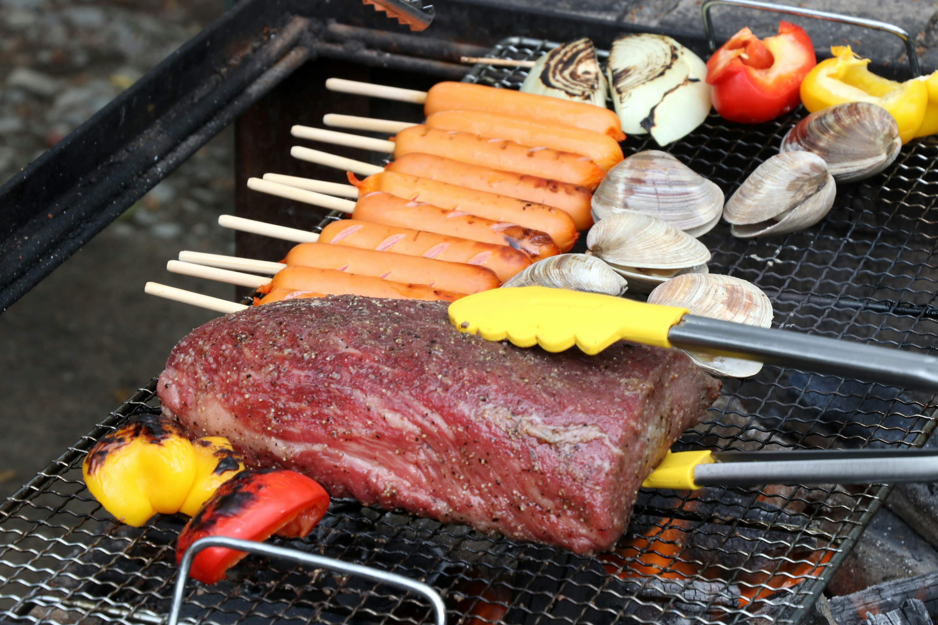 Barbacoa con carne y verduras asadas en una parrilla