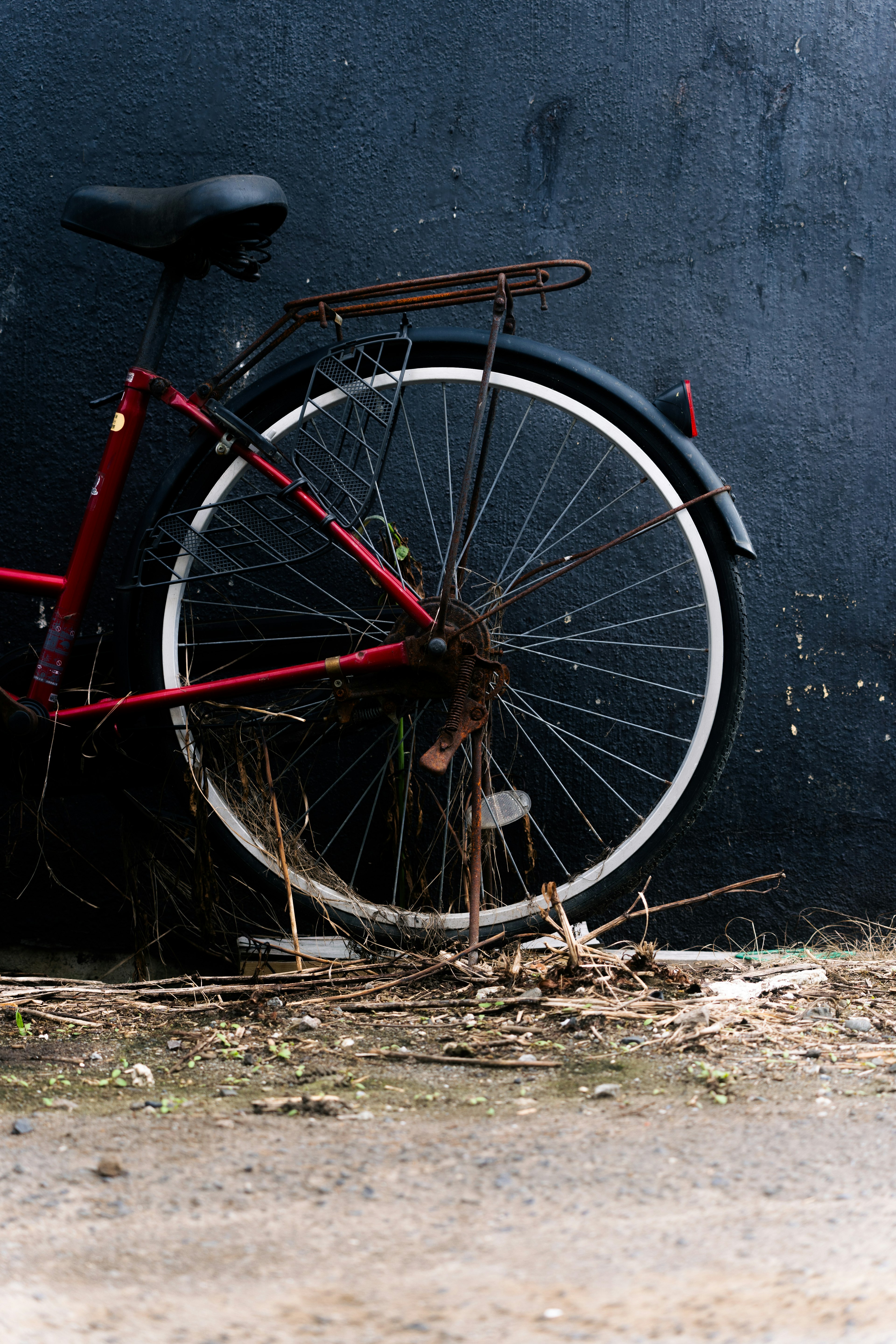 Red bicycle rear wheel against a black wall background