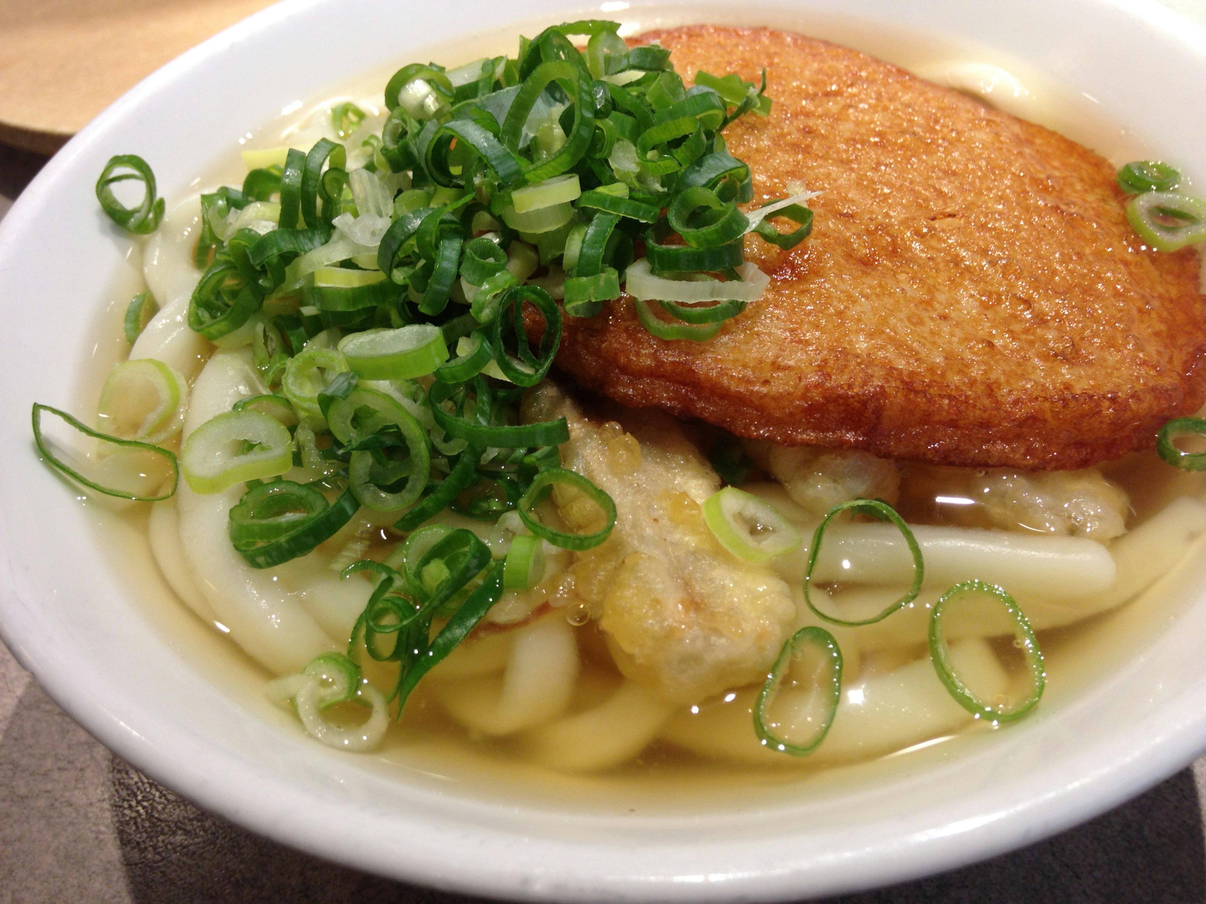 Bowl of udon noodles with green onions and fried tofu