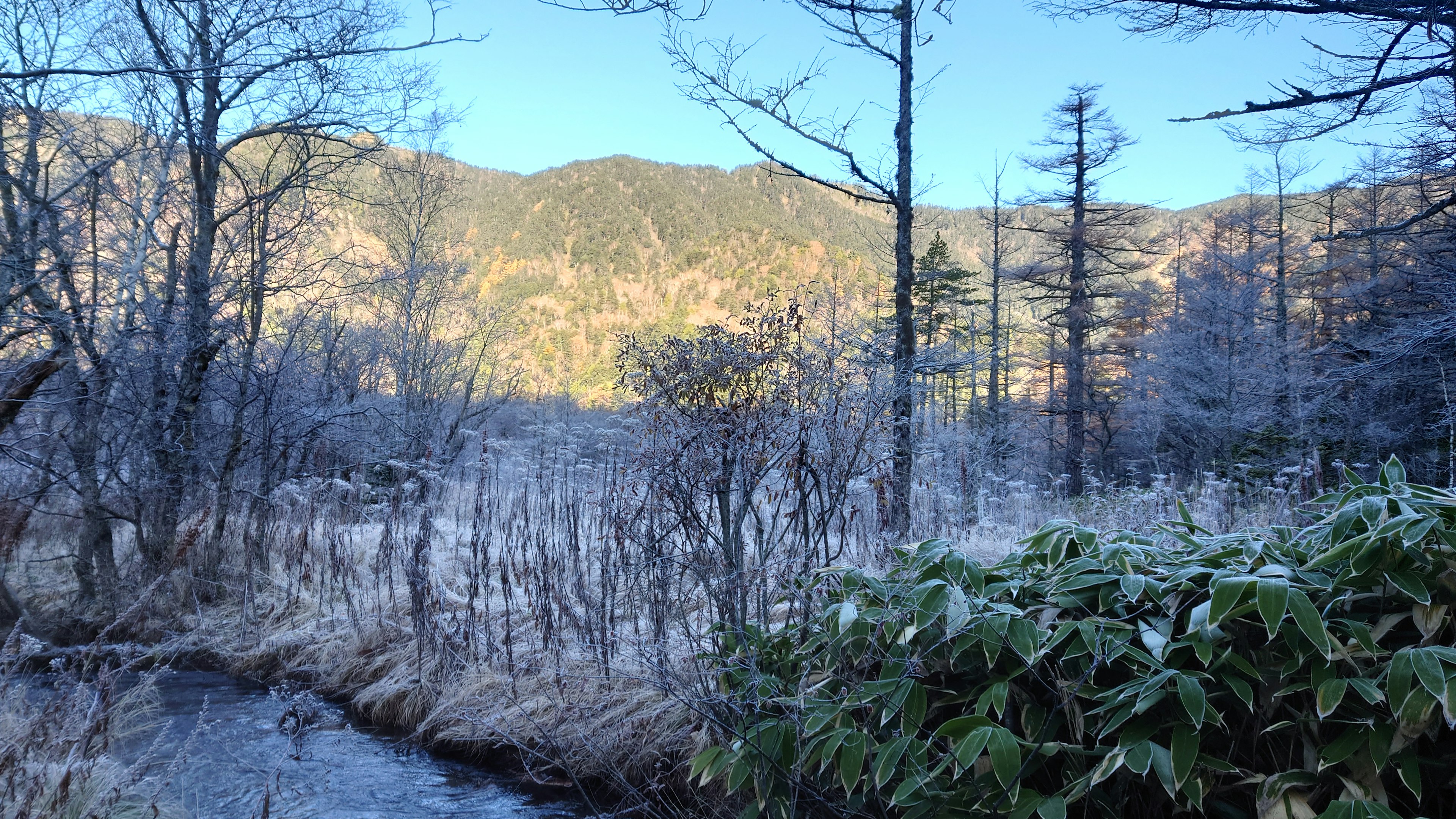 冬の山々と凍った川が見える風景