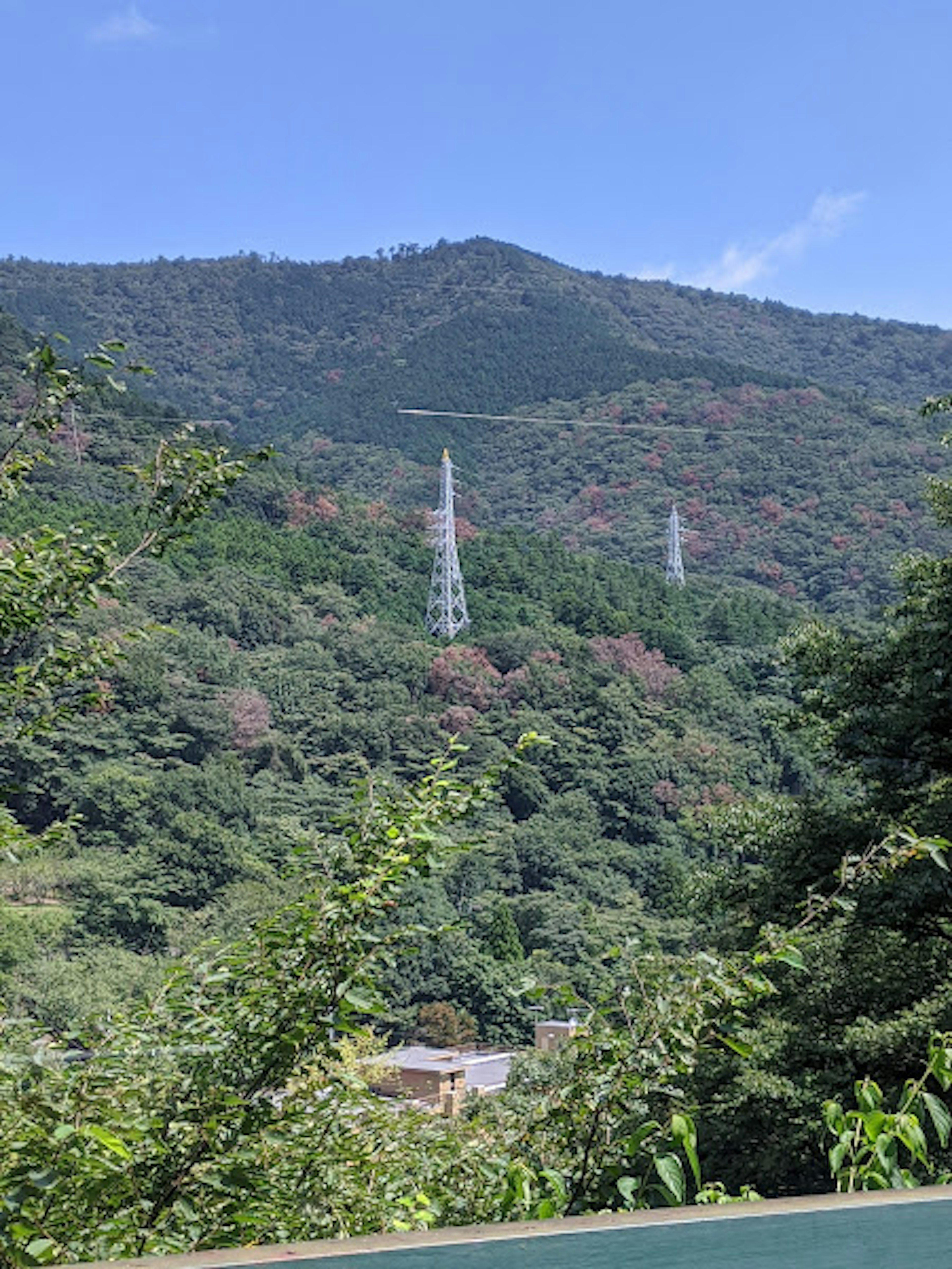 Natural landscape featuring green mountains and transmission towers