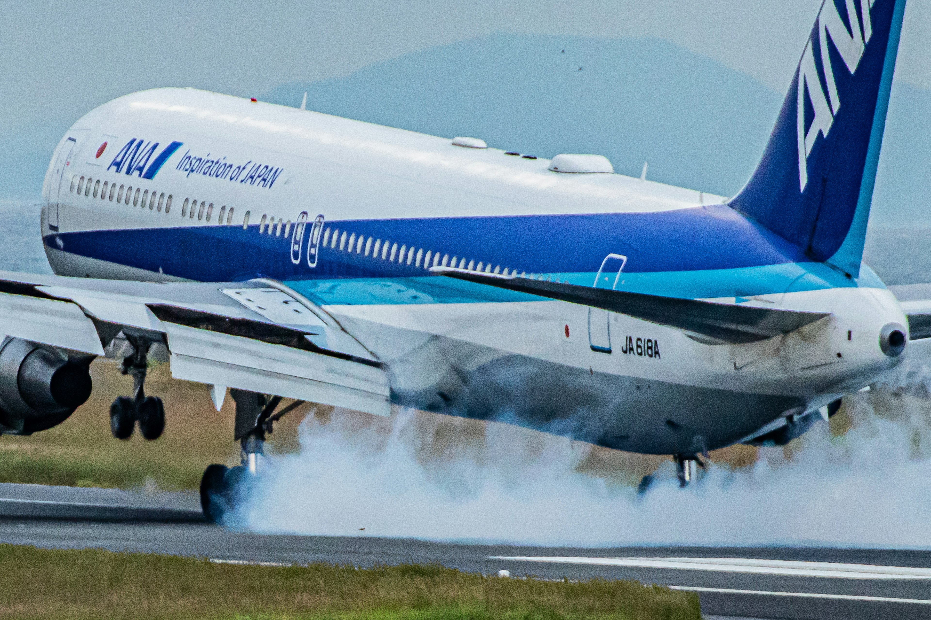 ANAの飛行機が滑走路で着陸し、煙を上げている