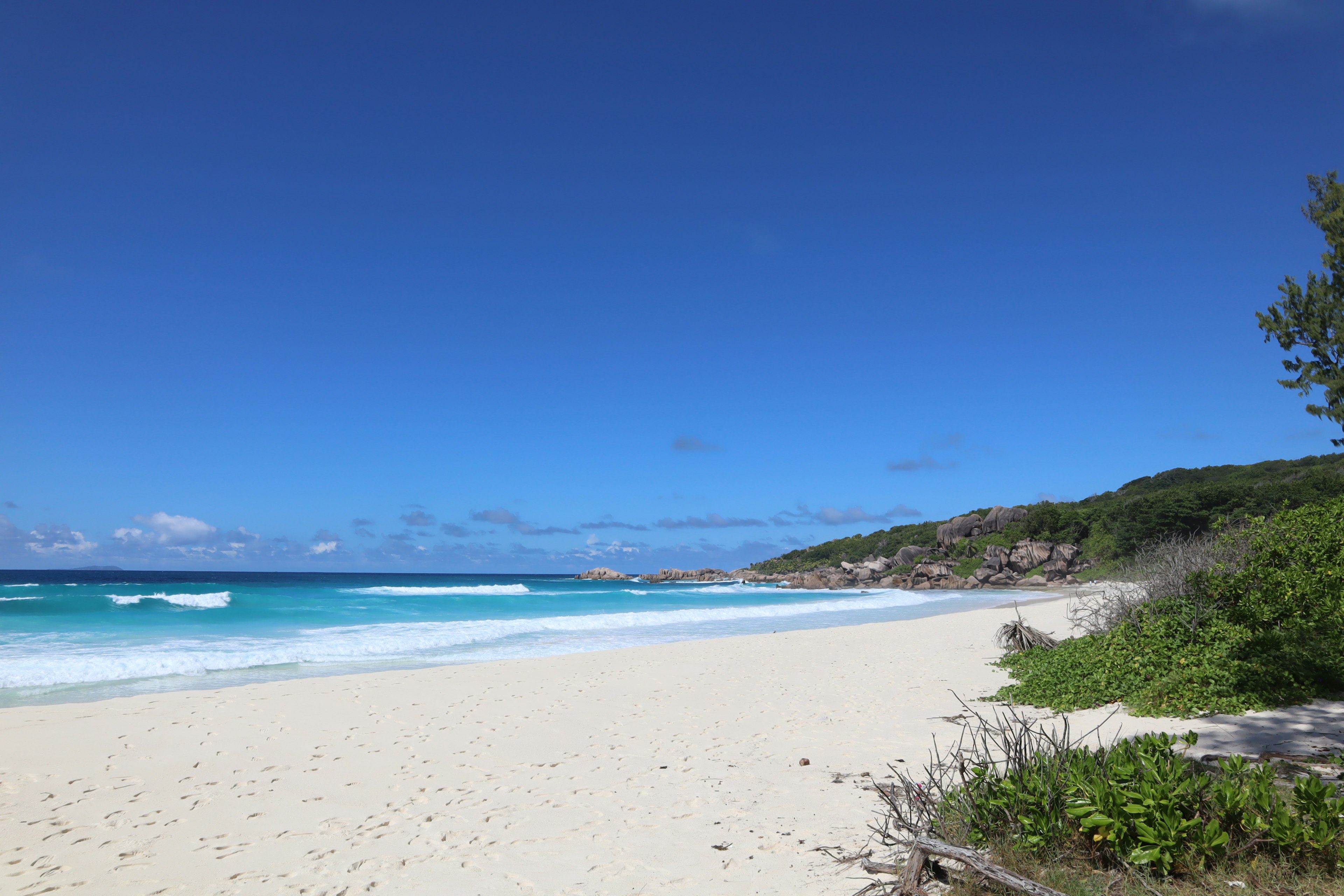 Vista de playa pintoresca con cielo azul y arena blanca