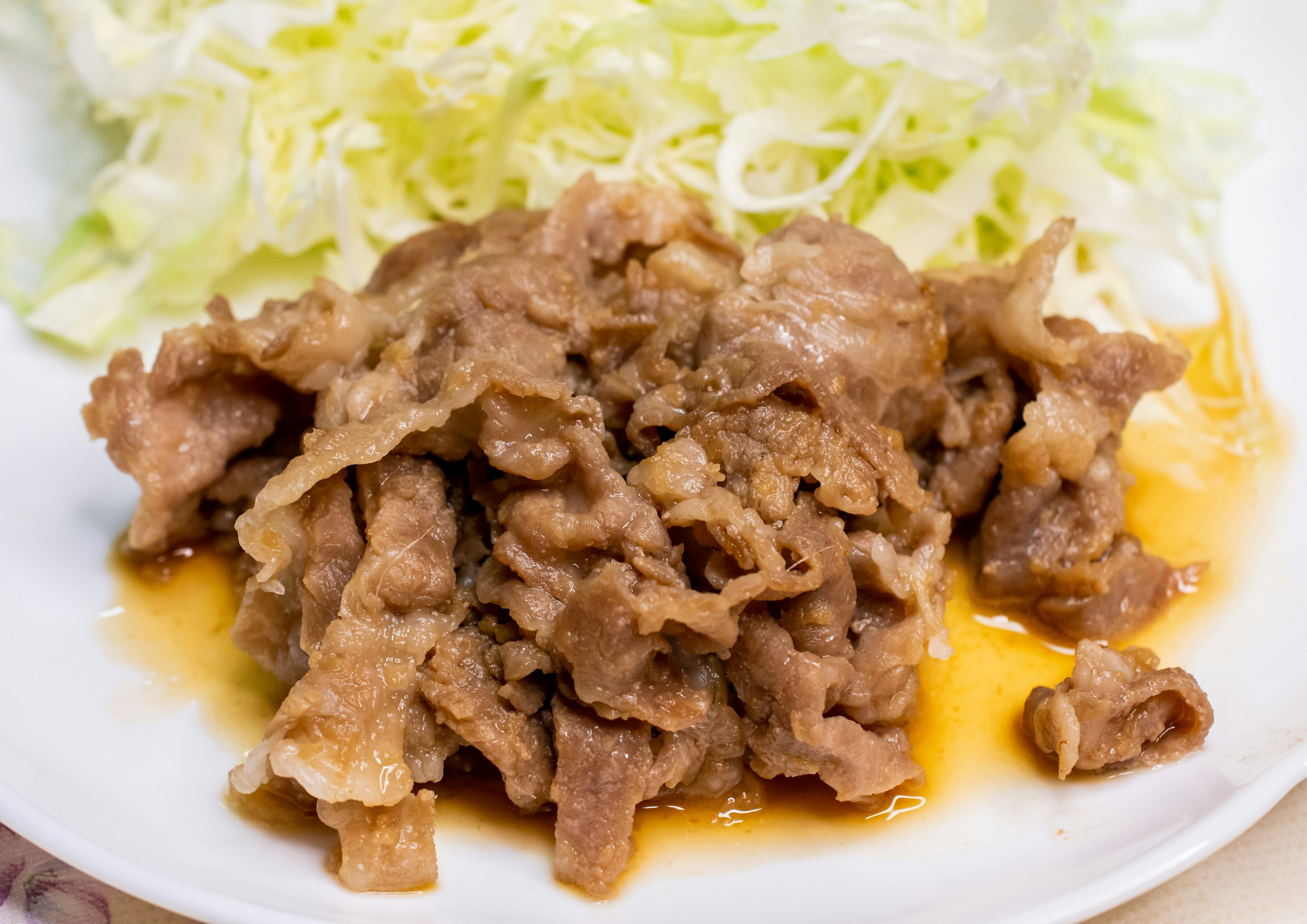 Plato de rodajas de carne tierna con salsa sabrosa y repollo rallado