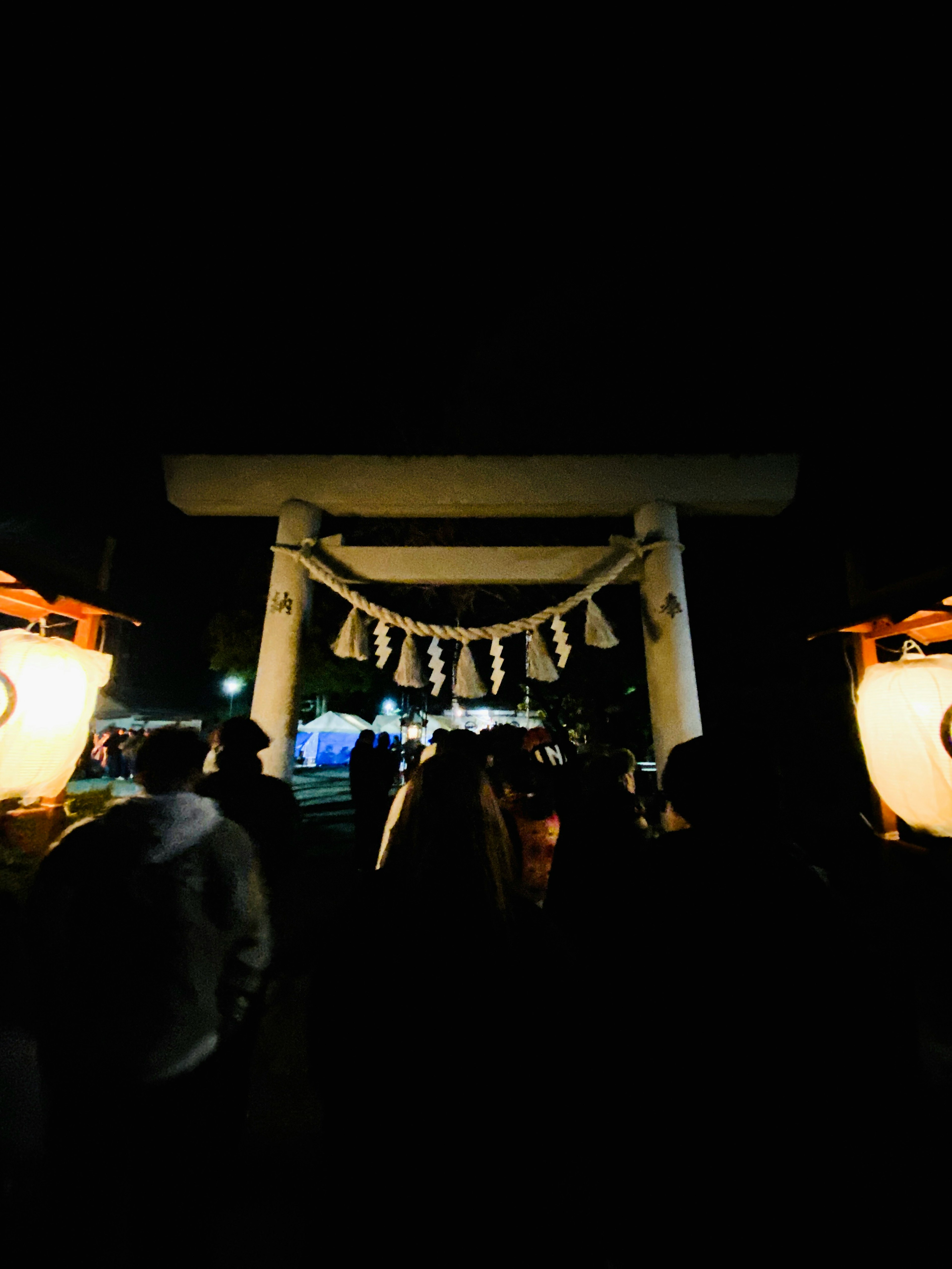 Ingresso di un santuario con un torii e lanterne illuminate di notte