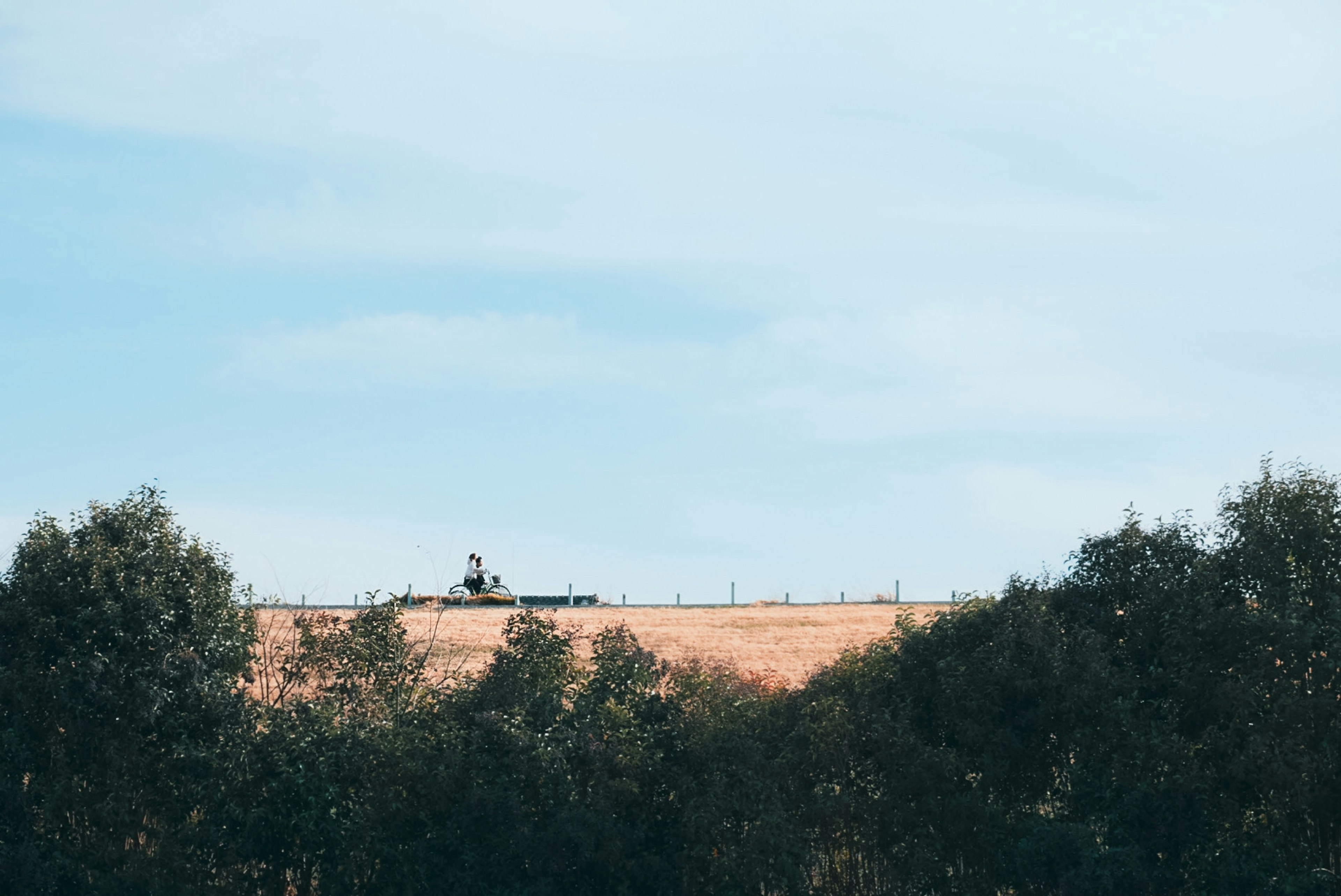 Paesaggio con cielo blu e alberi verdi che presenta un piccolo edificio su una collina lontana