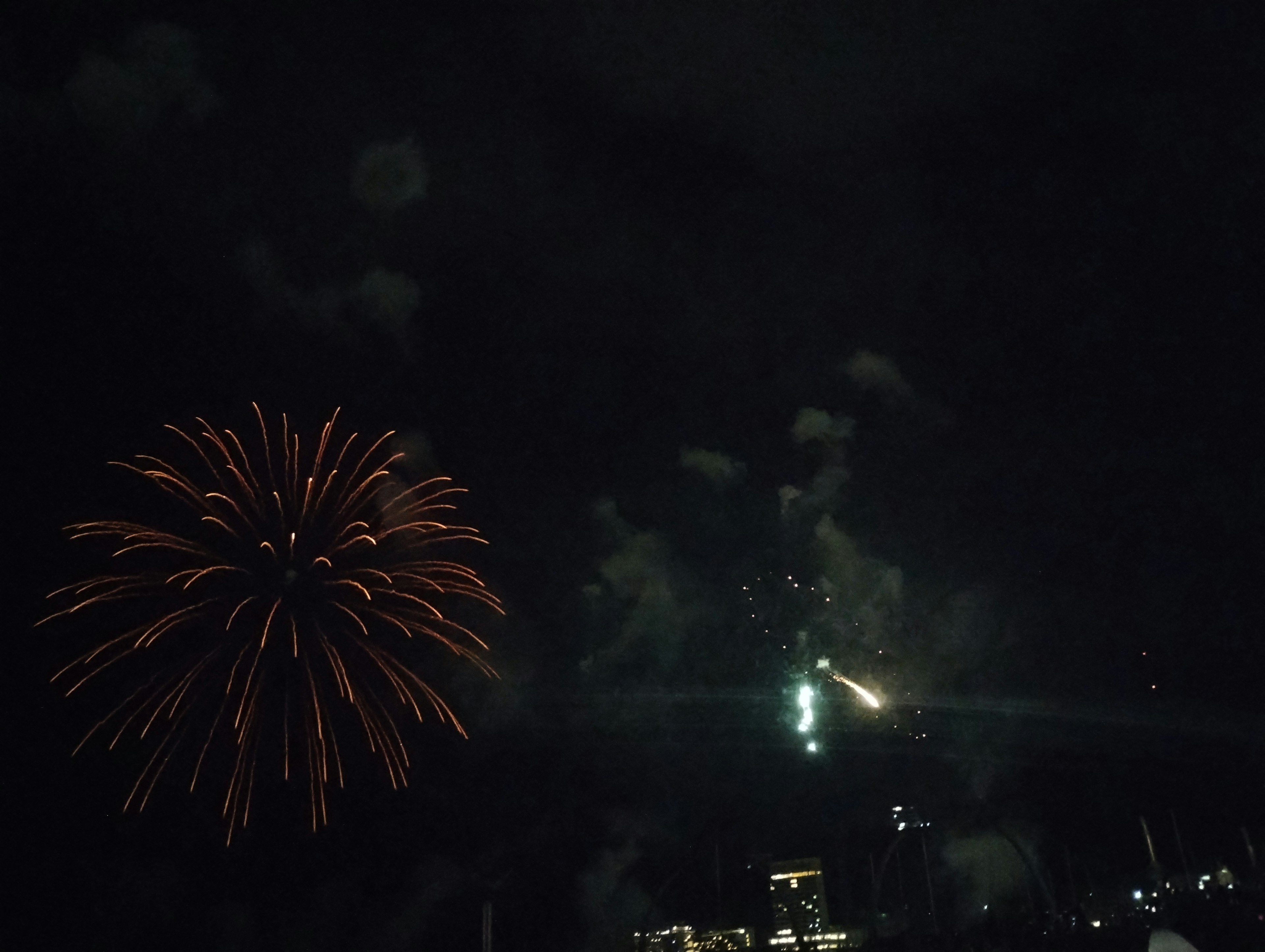 Fireworks bursting in the night sky with smoke